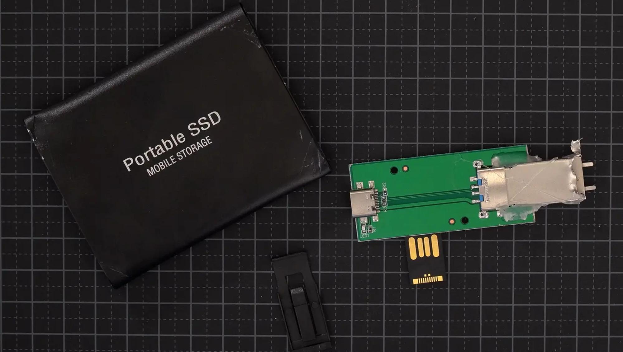 Uppbruten extern SSD-disk som innehåller ett adapterkort och ett litet usb-minne.