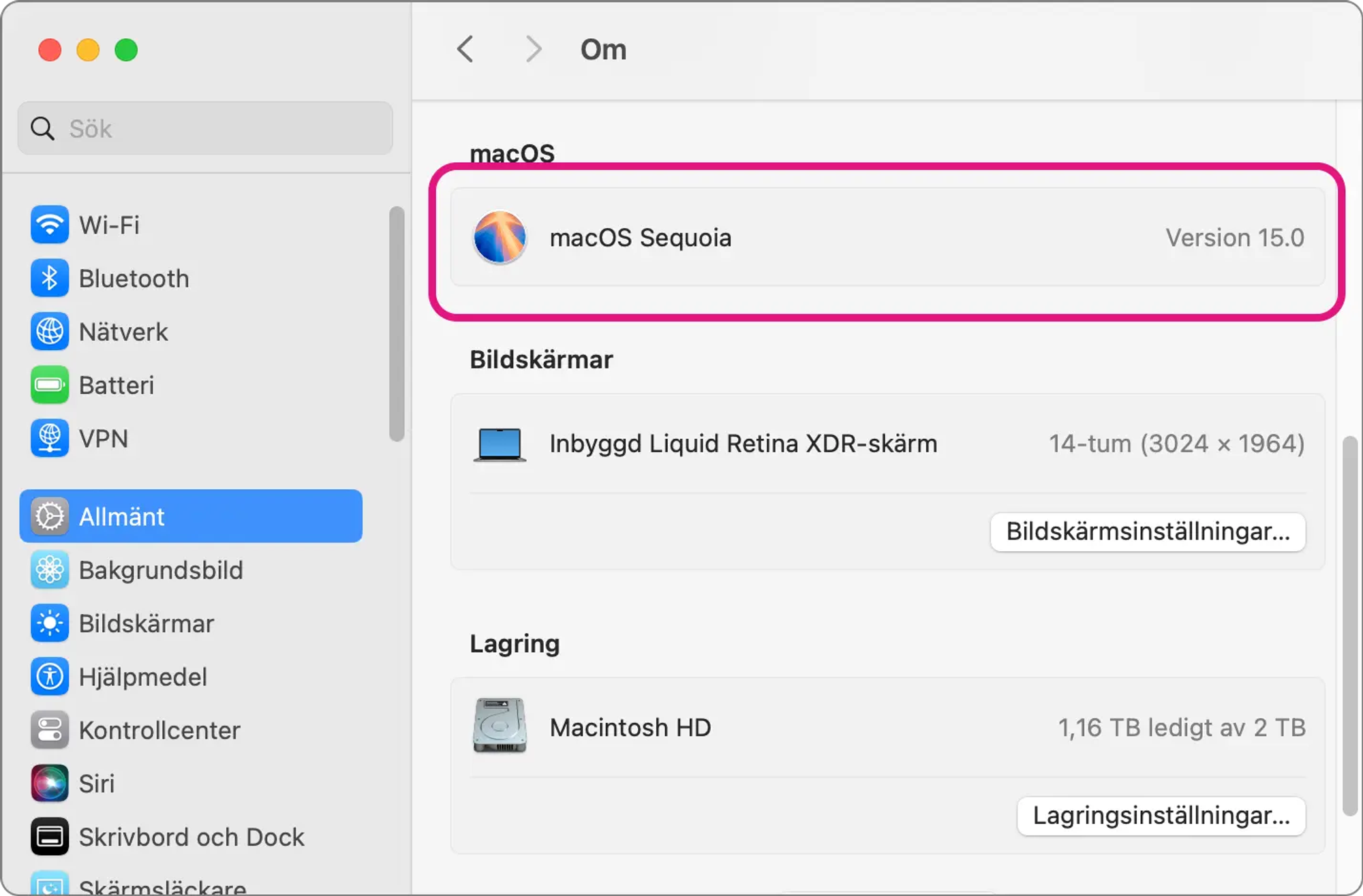 Skärmavbild av Systeminställningar i Mac OS som visar att datorn kör Mac OS 15.0 (”Sequoia”).