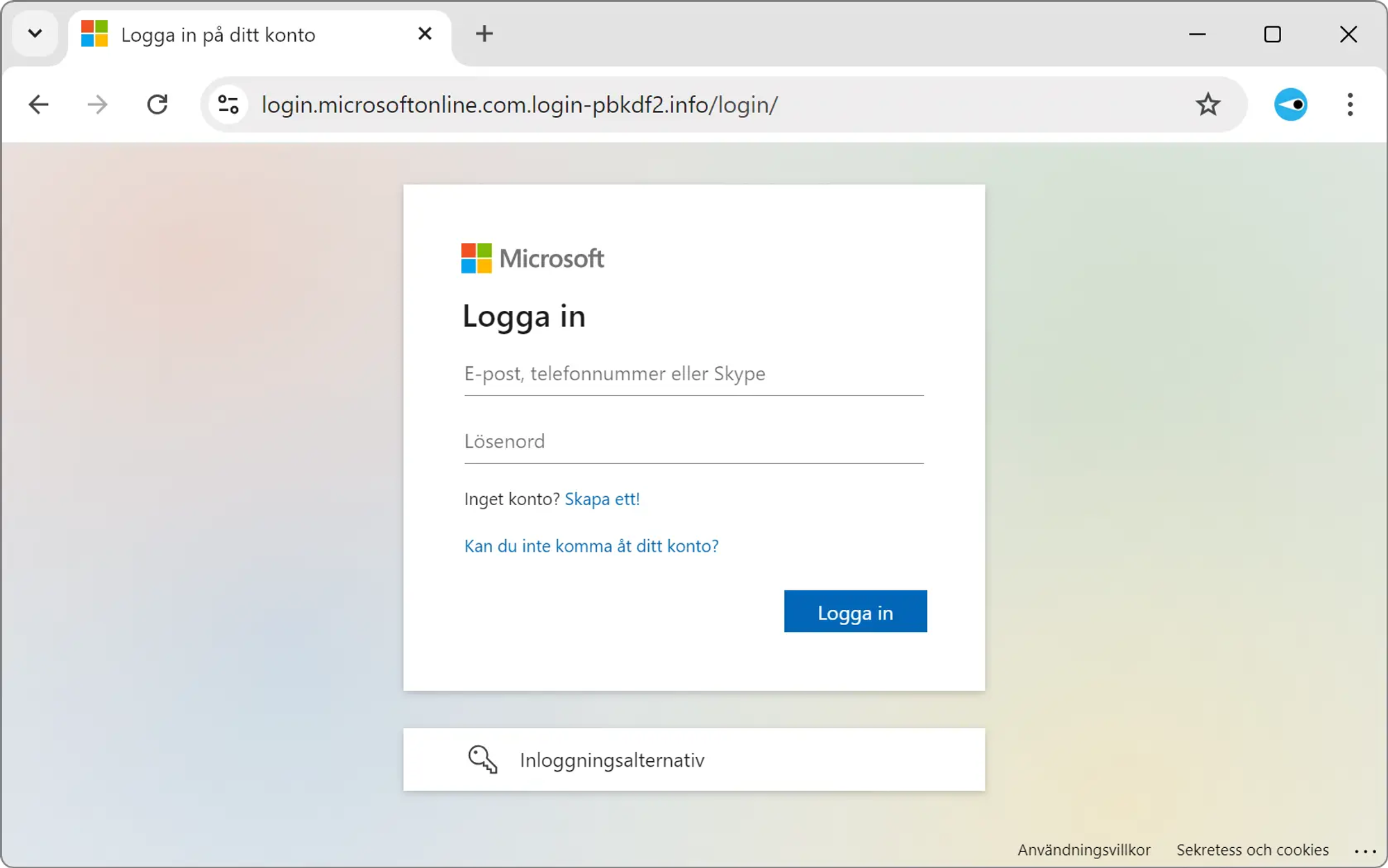 Skärmavbild av nätfiskewebbplats. Webbsidan är en klon av Microsoft 365:s inloggningssidan. 