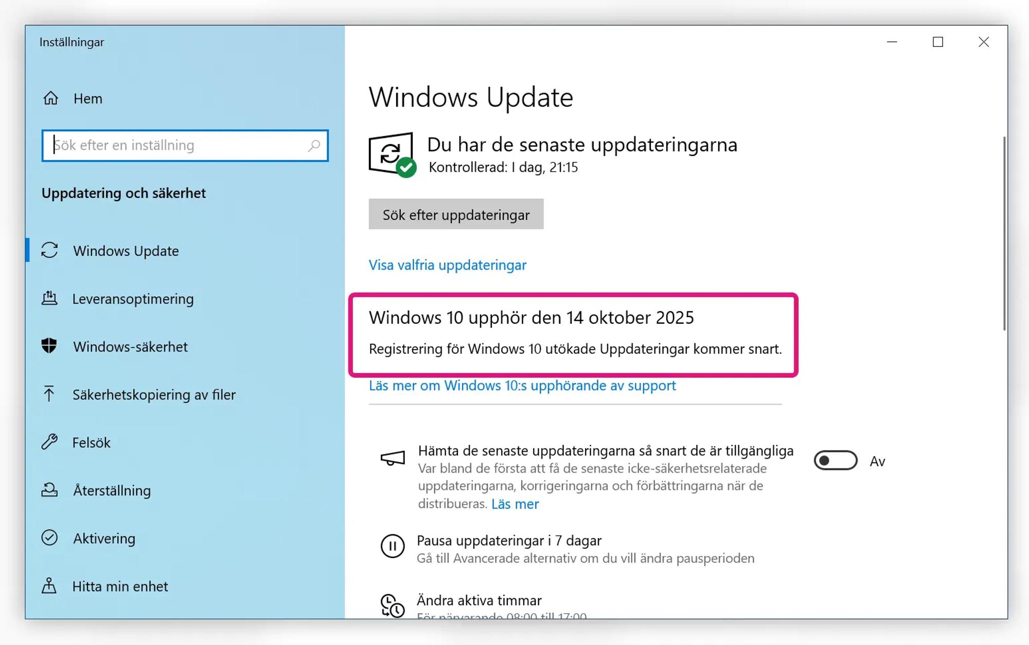 Skärmavbild av Windows Update i Windows 10 med ett meddelande som lyder ”registrering för Windows 10 utökade uppdateringar kommer snart”.