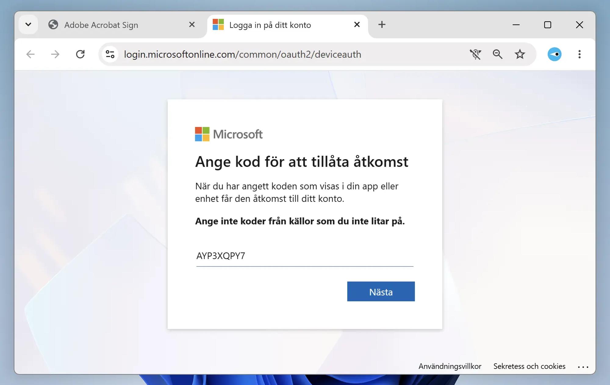 Skärmavbild av falsk Adobe Acrobat Sign-webbplats på en domän som inte är Adobes riktiga. Besökaren uppmanas att ”verifiera sin identitet” genom att kopiera en kod och klicka på en knapp för att fortsätta till Microsoft. Texten är på engelska.