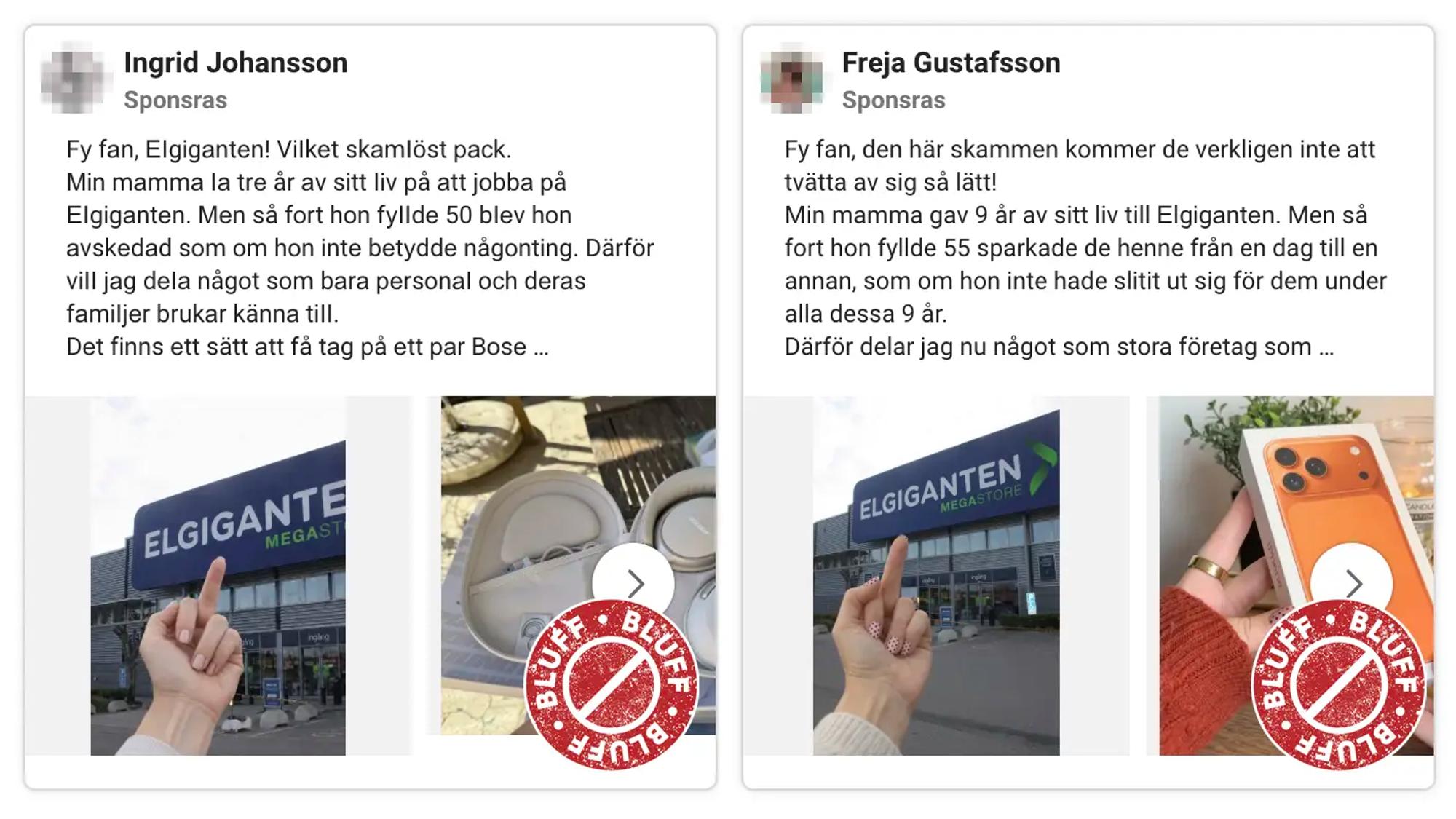 Kollage med skärmavbilder av två Facebook-annonser. I båda exemplen visas en bild där någon räcker finger åt Elgigantens butik. I ena exemplet syns en bild på ett par Bose-hörlurar. I andra exemplet syns en bild på en Iphone 17 Pro.