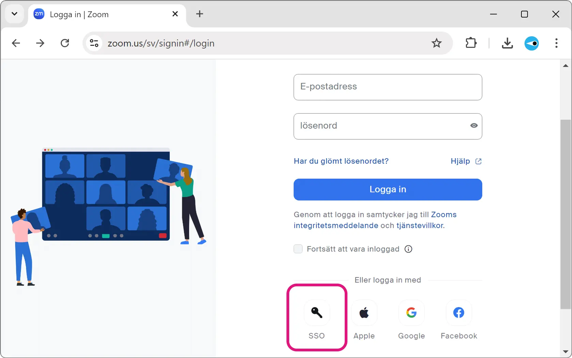 Skärmavbild av mötestjänsten Zooms inloggningssida. Alternativet ”Logga in med SSO” är markerat.