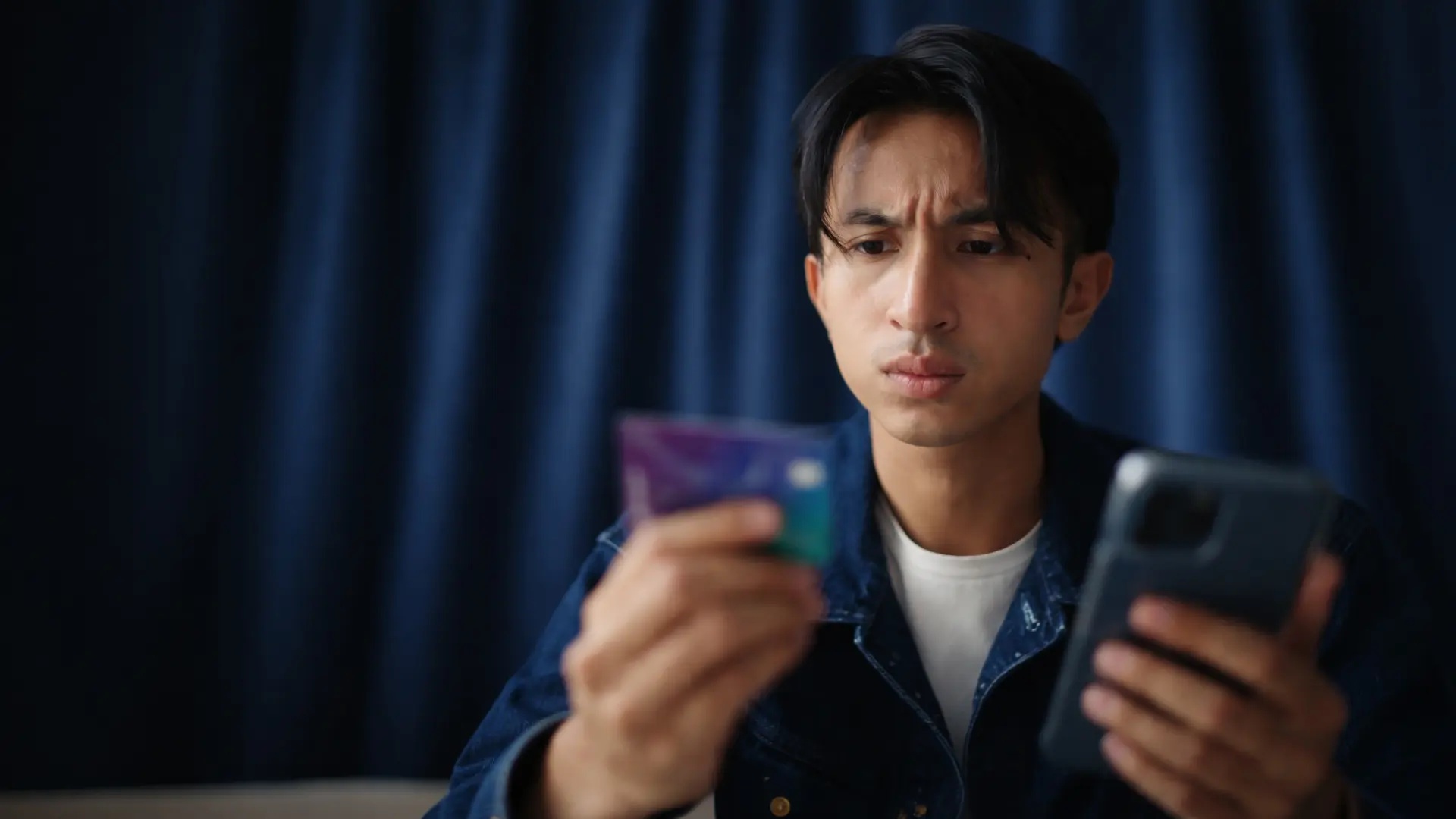 En orolig man håller upp ett betalkort och sin mobiltelefon.