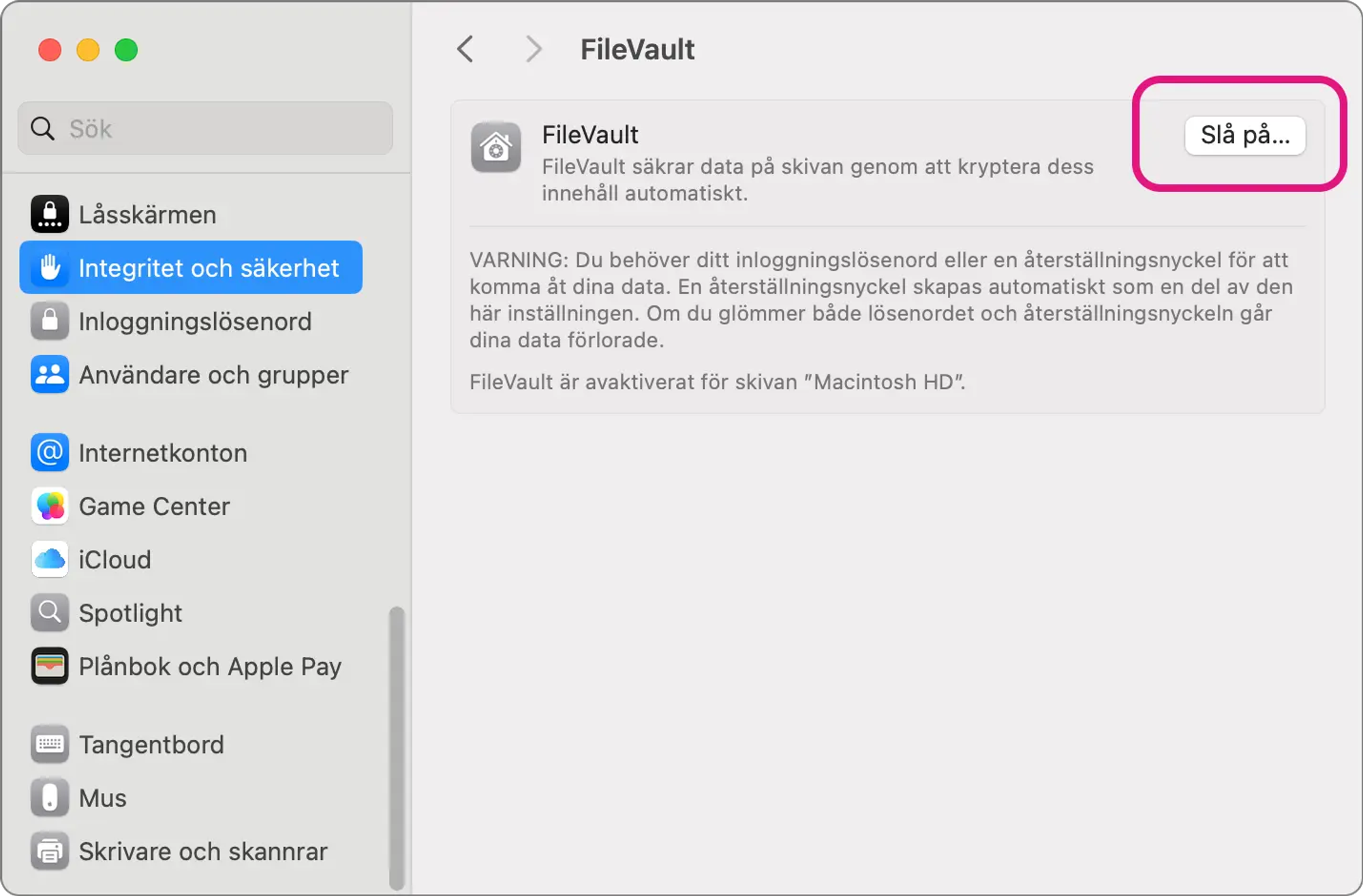 Skärmavbild av Systeminställningar-appen i Mac OS. Fliken Integritet och säkerhet visas. Texten ”Filevault säkrar data på skivan genom att krypteras dess innehåll automatiskt” visas.