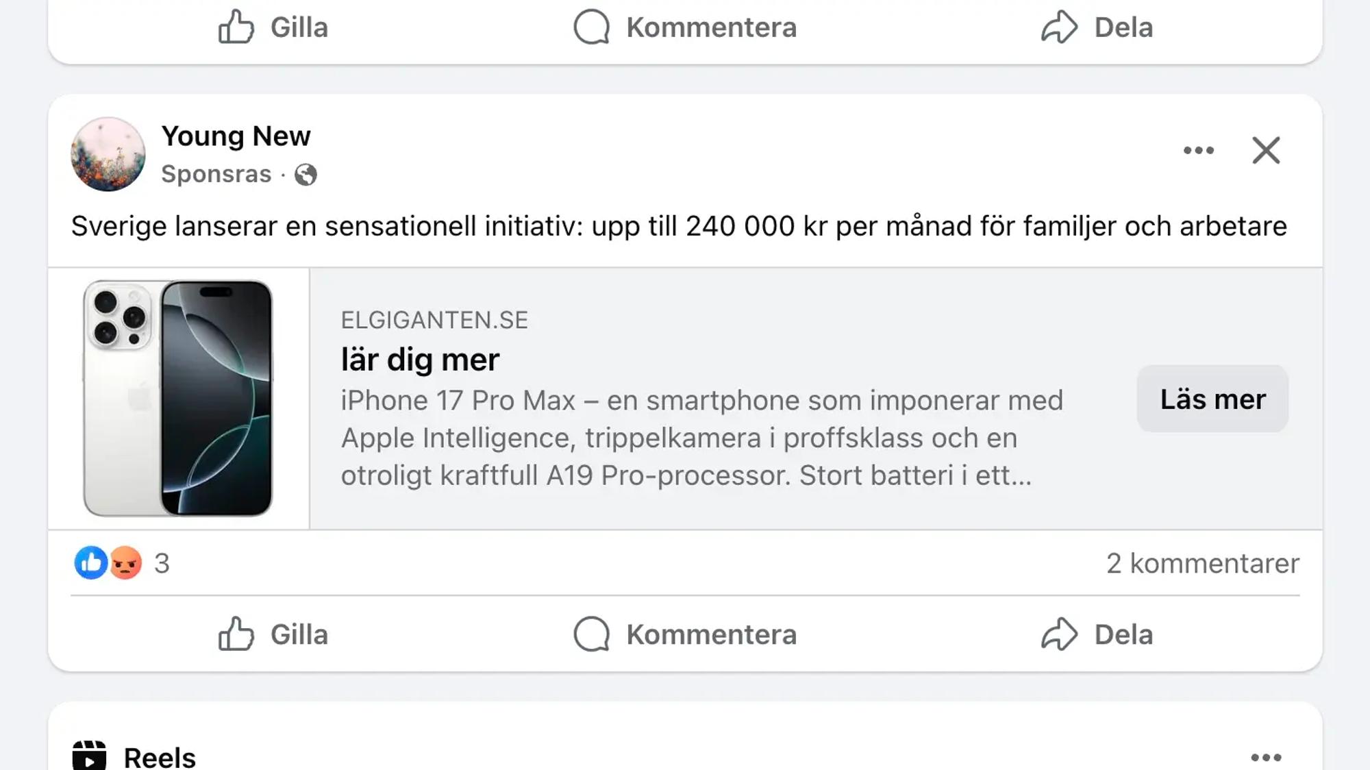 Skärmavbild av falsk Elgiganten-annons som marknadsför mobilen Iphone 17 Pro Max. Den enda adressen som syns är Elgigantens riktiga adress (elgiganten.se). 