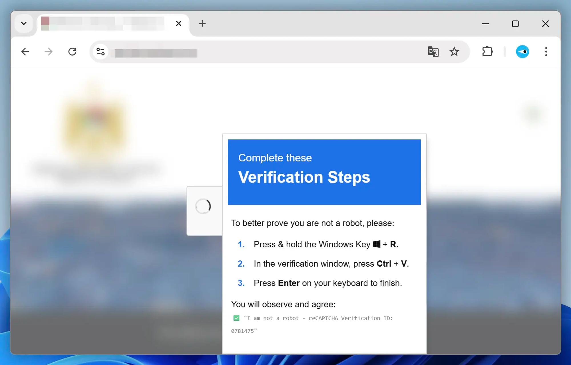 Skärmavbild av Chrome i Windows 11 som visar en webbsida med uppmaningen ”slutför dessa verifieringssteg” (på engelska) följt av instruktioner om att öppna Windows kör-ruta, klistra in text och trycka på enter-tangenten. 