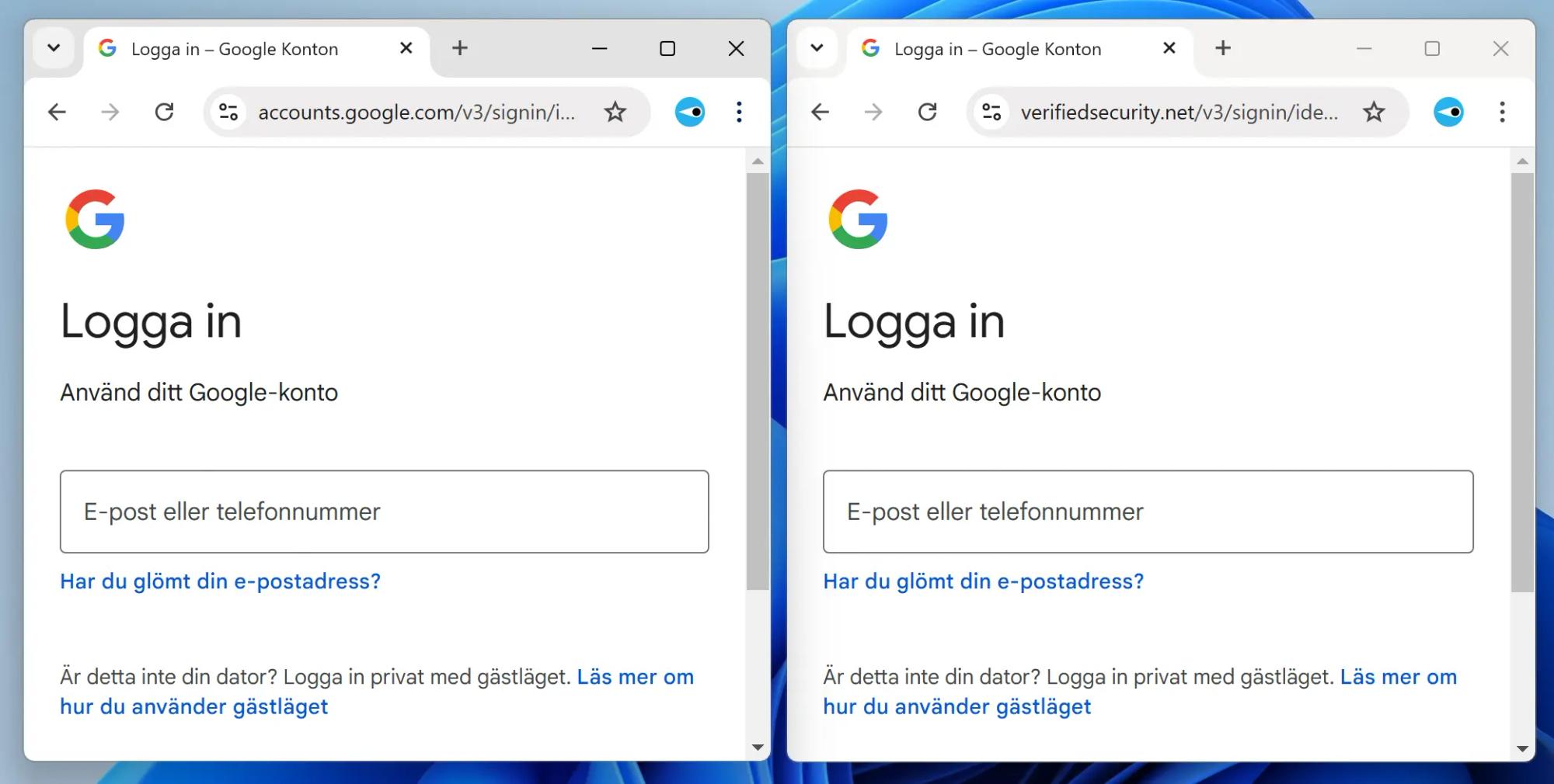 Skärmavbild av två Google Chrome-fönster, sida vid sida. Vänstra fönstret visar Googles äkta inloggningssida på huvuddomänen ”google.com”. Högra fönstret visar en identisk nätfiskeklon på huvuddomänen ”verifiedsecurity.net”.