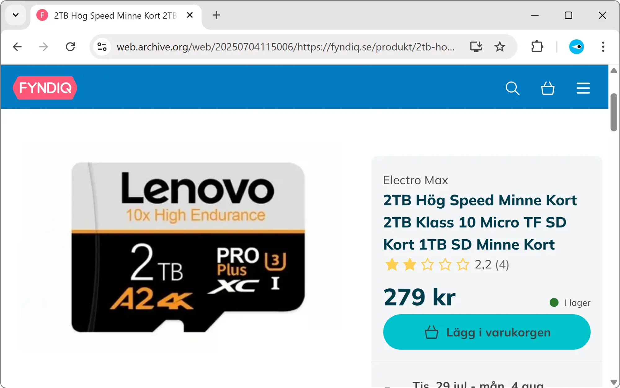 Skärmavbild av Fyndiqs webbplats som visar ett piratkopierat minneskort från Lenovo (två terabyte för 279 kronor).