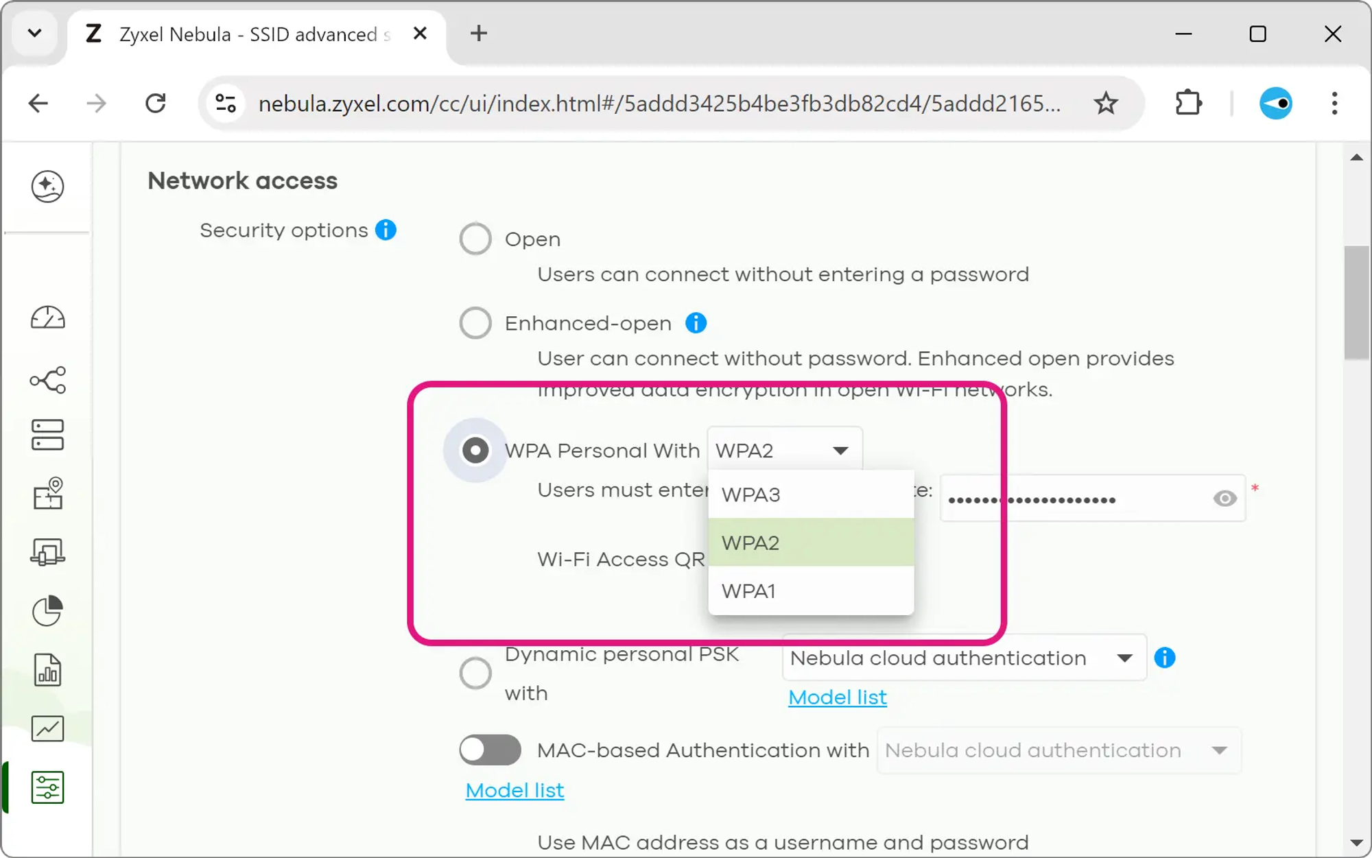 Skärmavbild av administrationsgränssnittet för ett företagsnätverk. Alternativen WPA1, WPA2 och WPA3 visas.