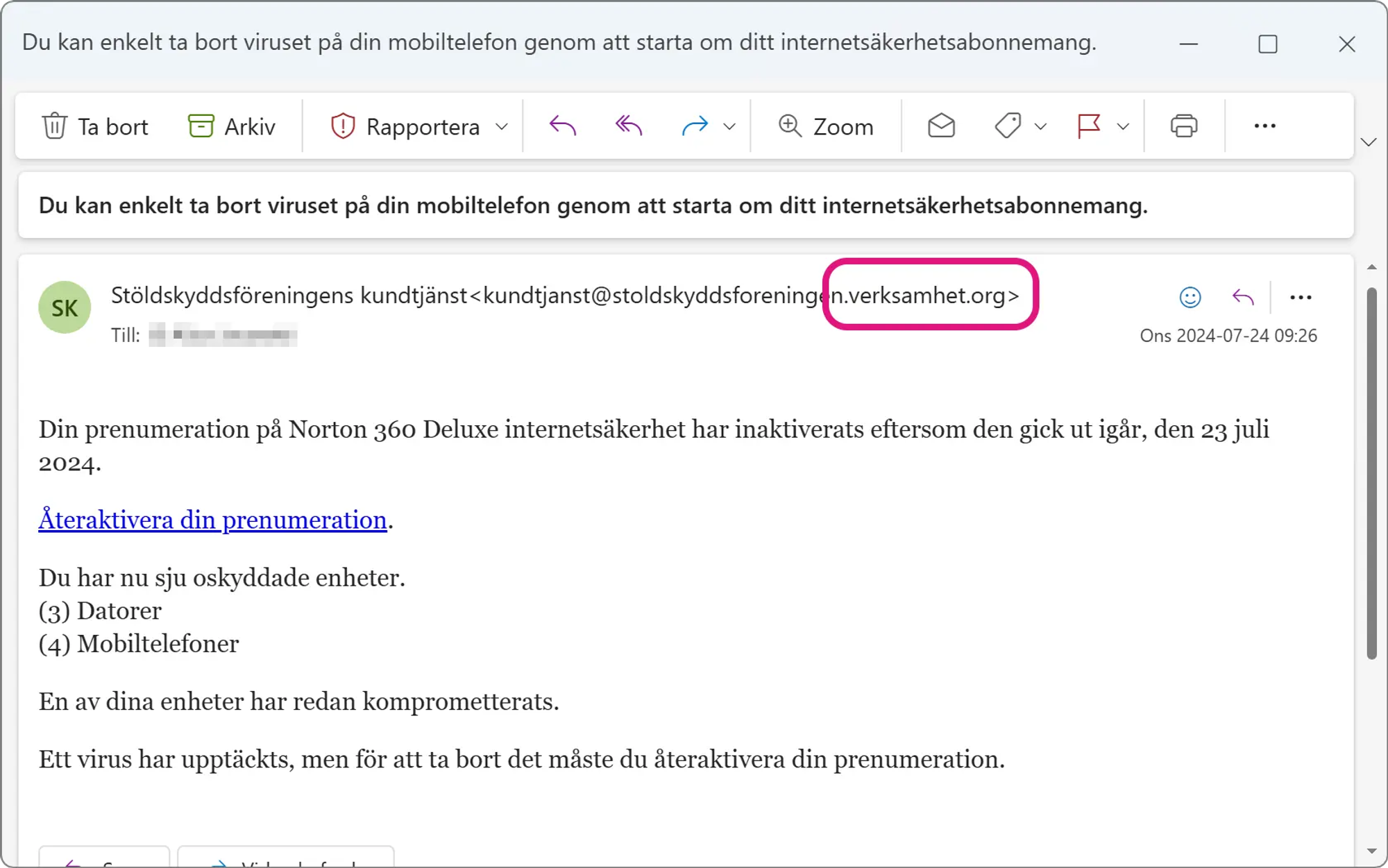 Skärmavbild av nätfiskemejl som kommer från avsändaren ”Stöldskyddsföreningens kundtjänst” med adressen ”kundtjanst@stoldskyddsforeningen.verksamhet.org”.