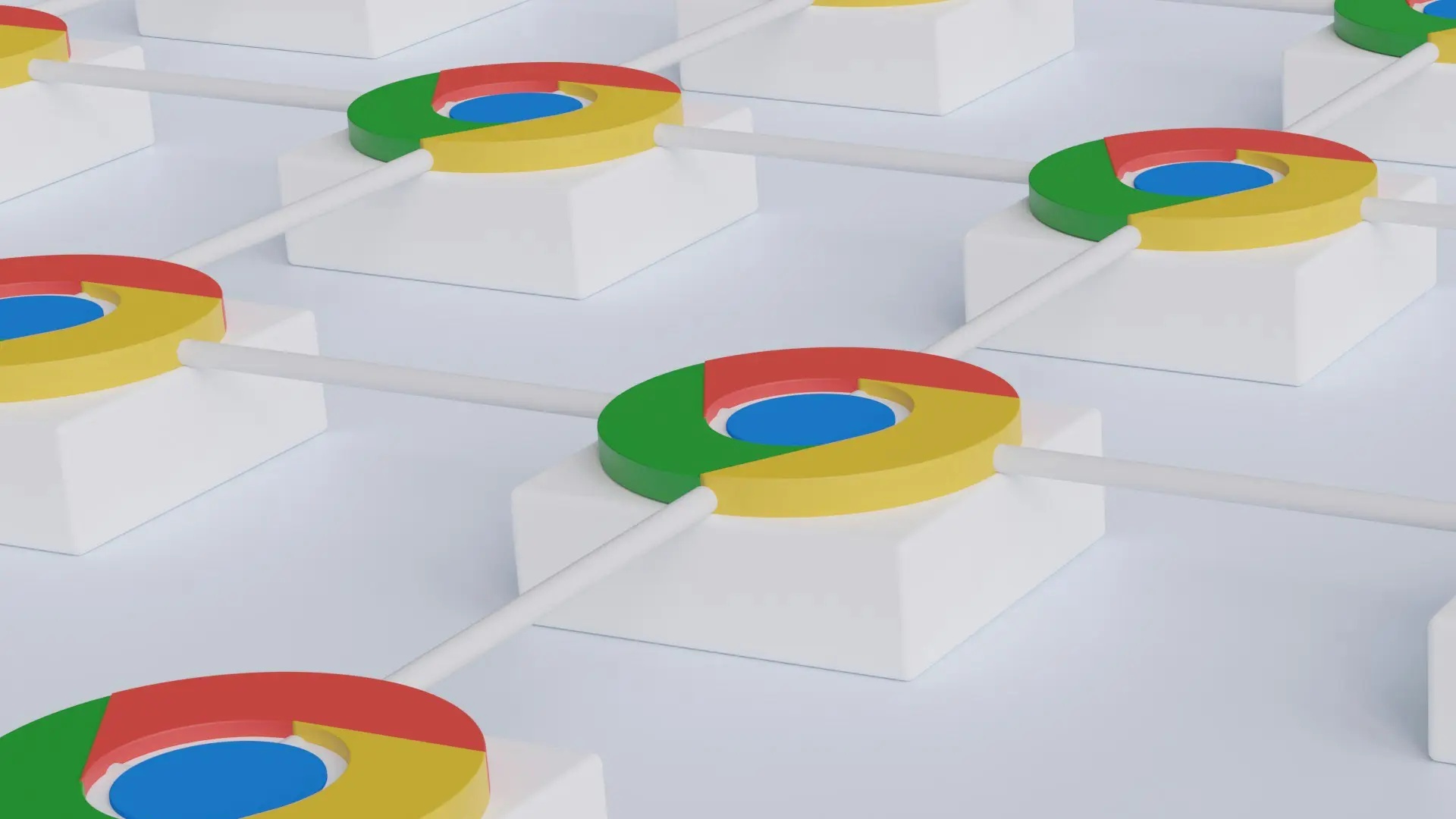 3D-rendering med sammanlänkade Chrome-logotyper.