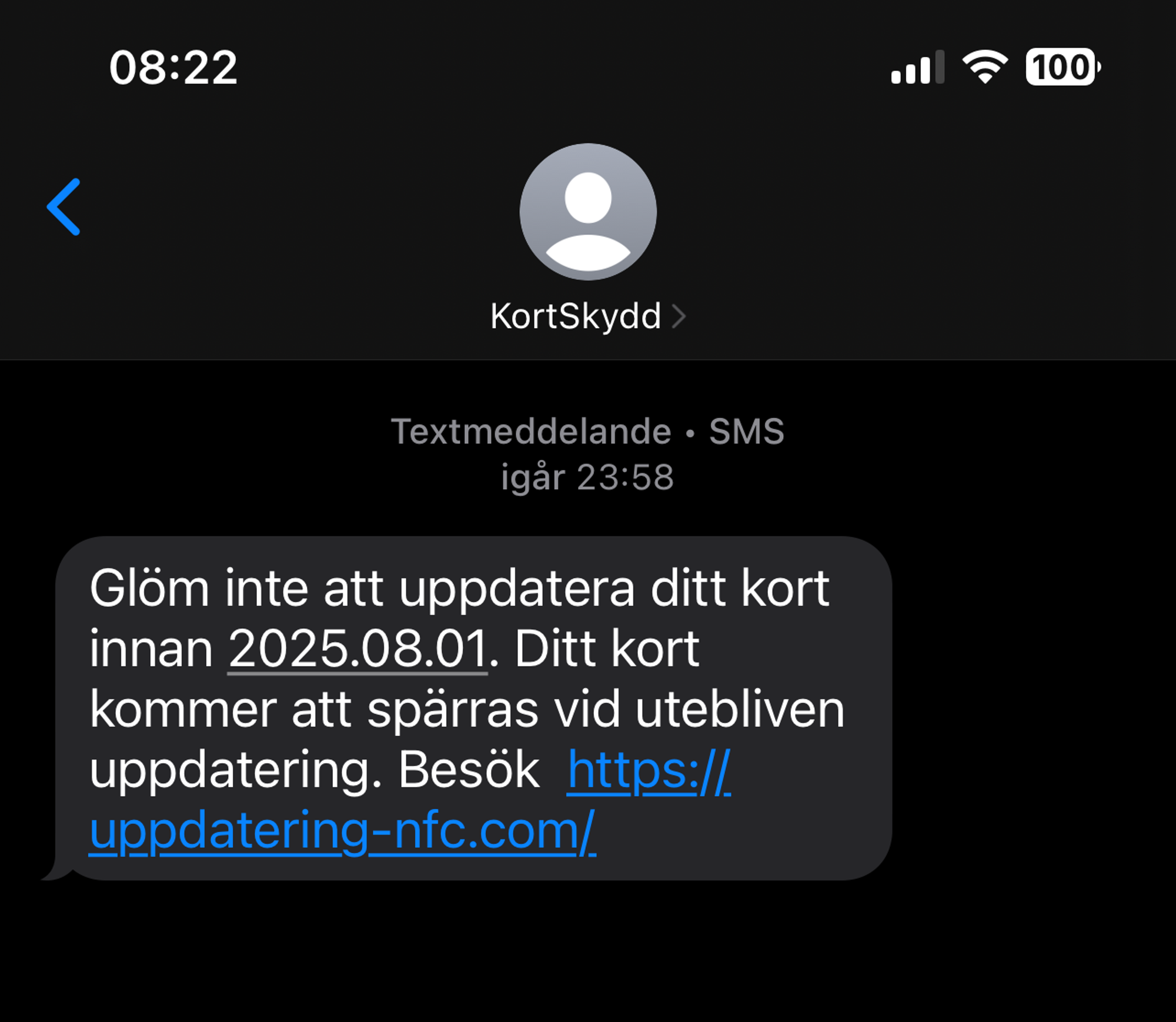 De senaste dagarna har vi sett en ökning av bluffsms som uppmanar användaren att skriva in sina bankkortuppgifter via en bifogad länk.