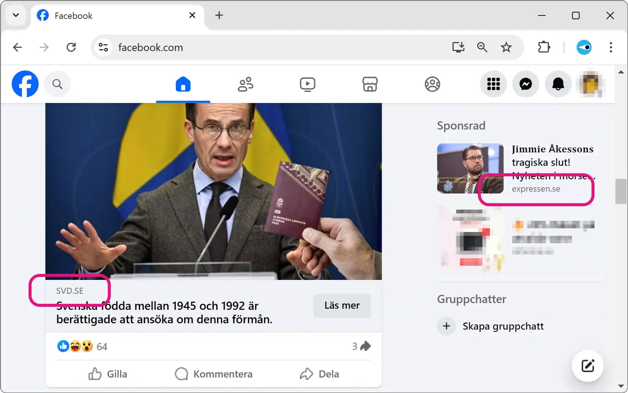 Skärmavbild av Facebooks tidslinje. Tre annonser syns varav två är bluffannonser. Ena bluffannonsen utnyttjar Ulf Kristersson och antyds leda till svd.se (Svenska dagbladets webbplats). Den andra bluffannonsen utnyttjar Jimmie Åkesson och antyds leda till expressen.se.