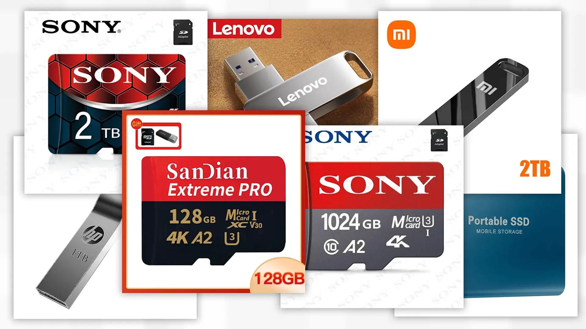 Kollektion med piratkopierade lagringsmedier från Fyndiq. Produkter med falska Sony-, Lenovo-, Xiaomi- och HP-varumärken syns tillsammans med produkter som efterliknar kända Sandisk- och Samsung-produkter. 