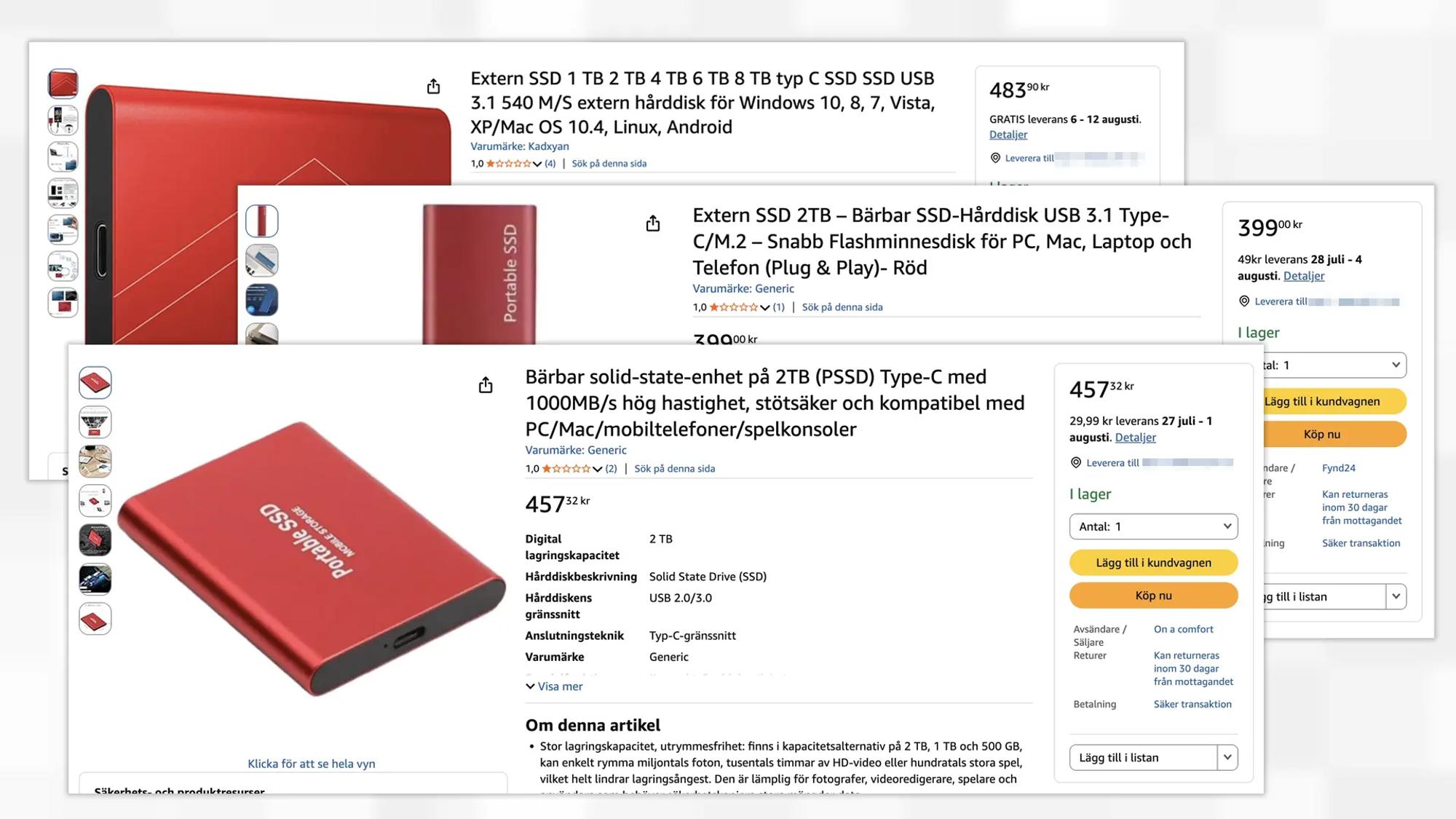 Kollage med tre skärmavbilder från Amazons webbutik. Visar tre röda ssd-diskar med kapacitet på minst två terabyte. Ssd-diskarna säljs för 483 kr, 399 kr respektive 457 kr. Samtliga diskar har dåliga omdömen (en av fem stjärnor). 