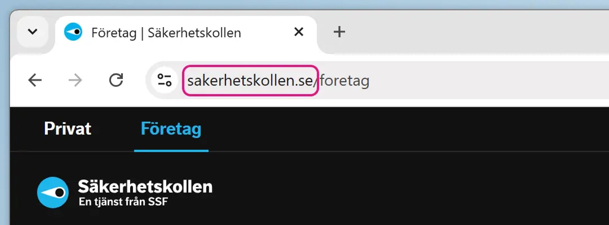 Skärmavbild av adressfältet i Google Chrome. Webbadressen som visas är sakerhetskollen.se/foretag. Huvuddomänen (”sakerhetskollen.se”) är markerad.