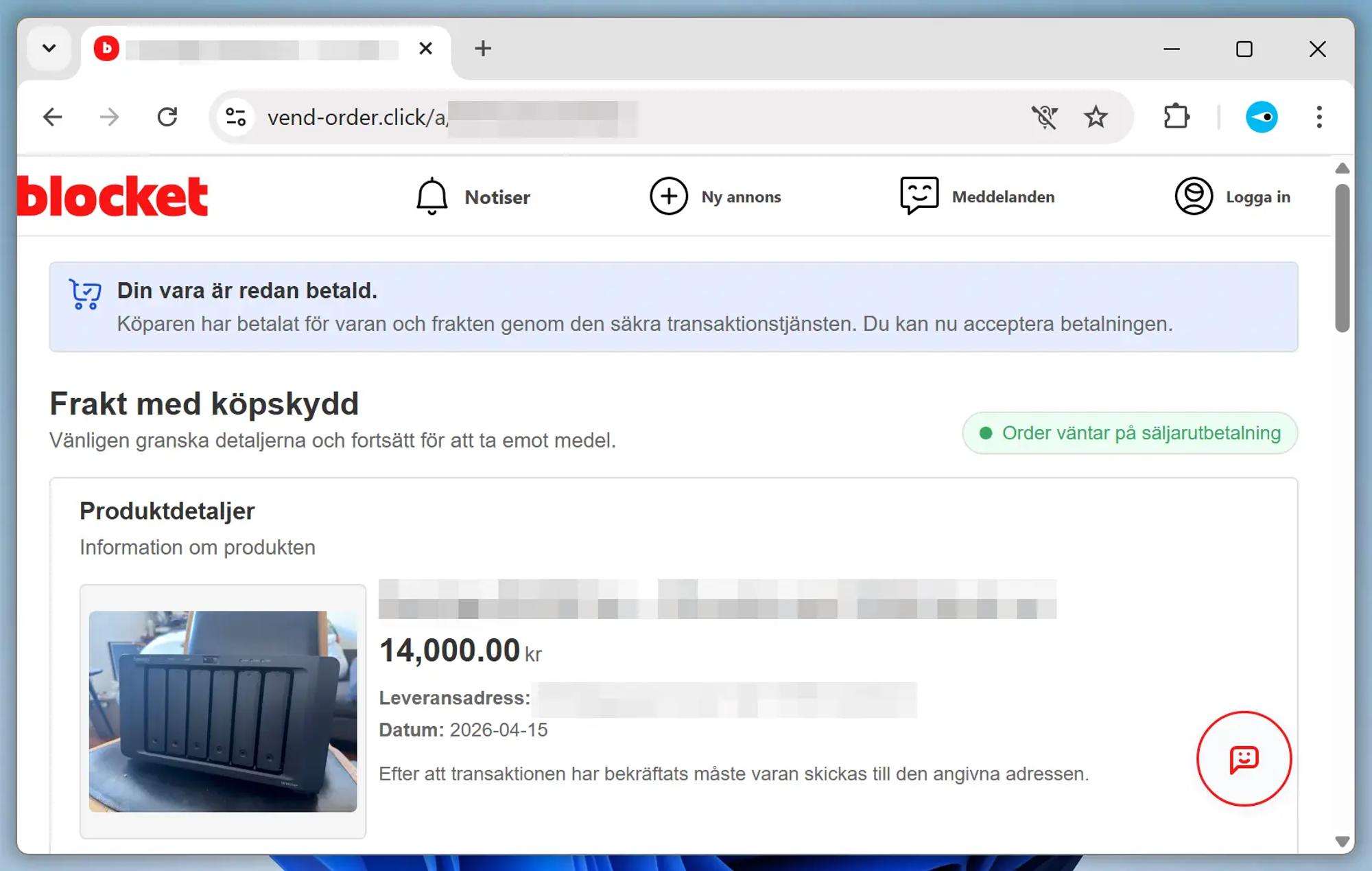 Skärmavbild av nätfiskewebbplats som har kopierat Blockets utseende. Överst visas en ruta med följande text. ”Din vara är redan betald. Köparen har betalat för varan och frakten genom den säkra transaktionstjänsten. Du kan nu acceptera betalningen.”