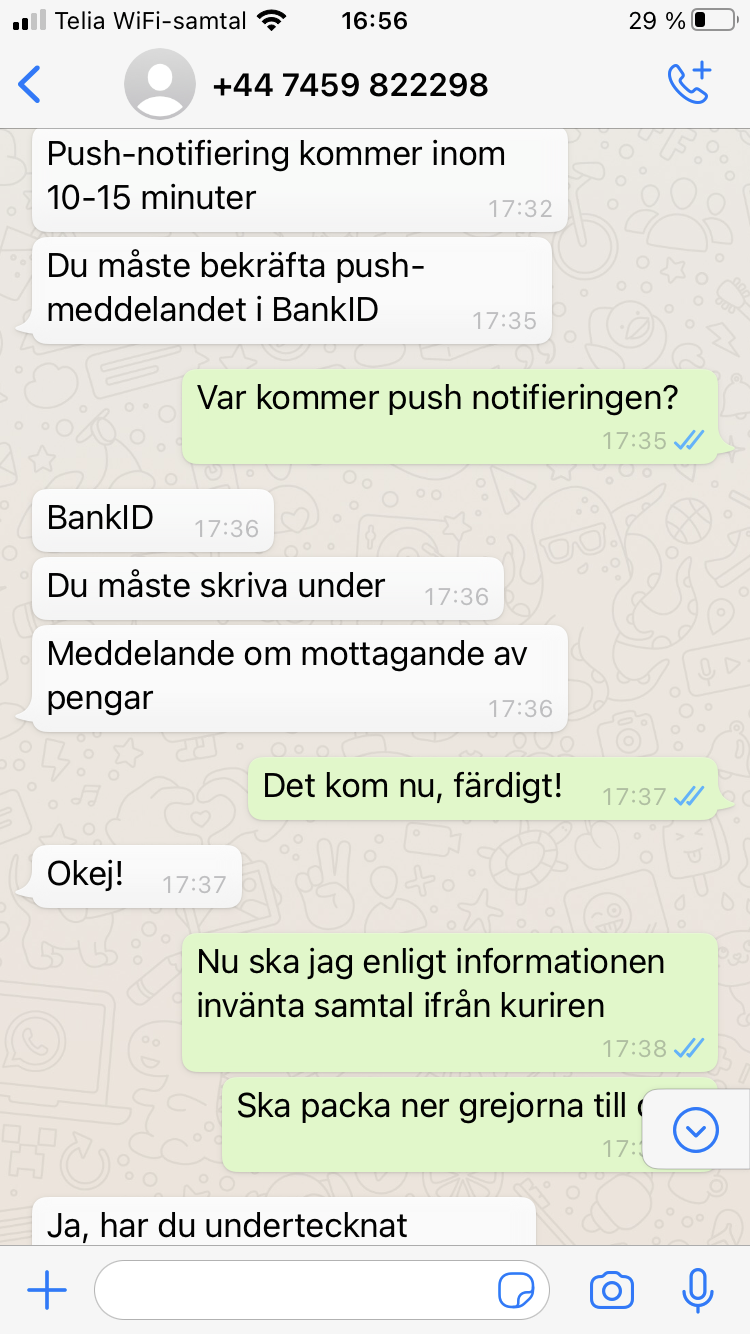 Blocket bedrägeri via whatsapp samtal