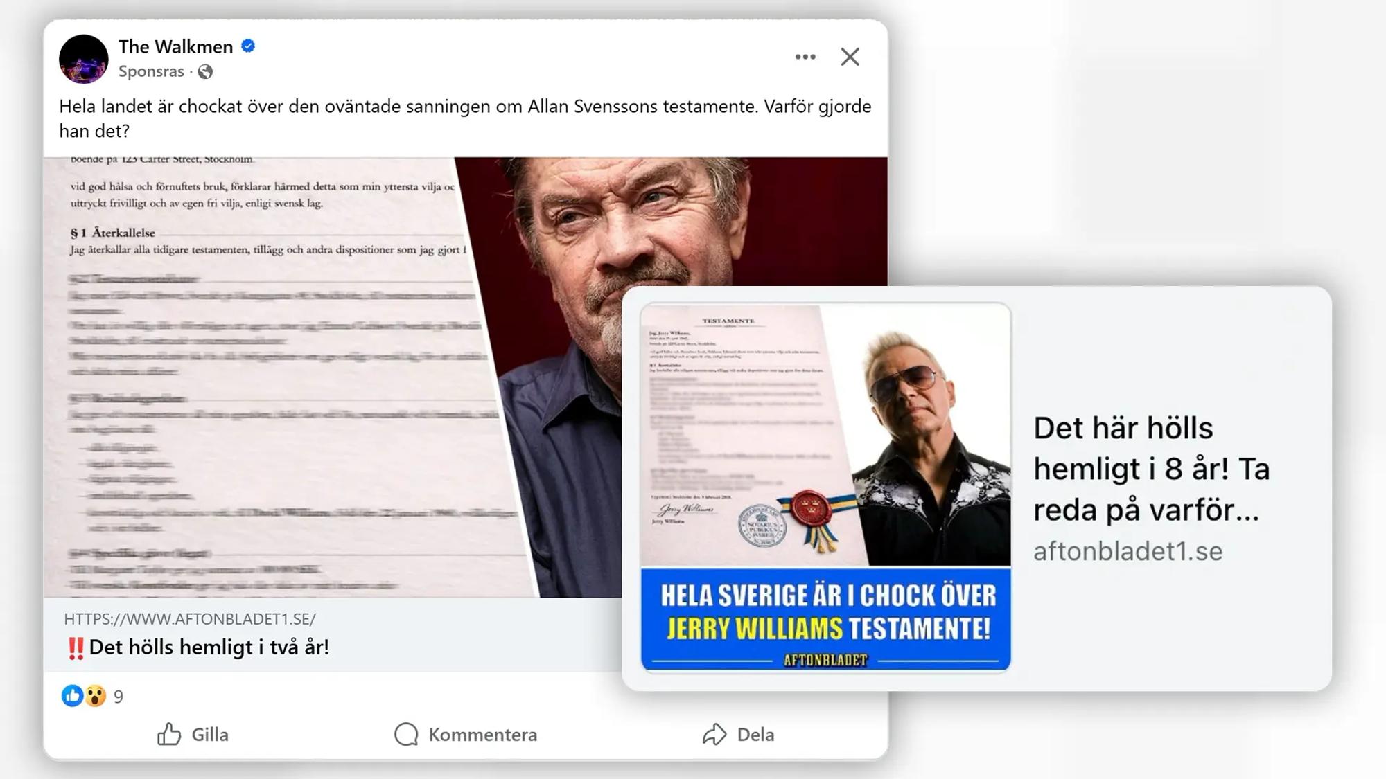 Kollage med två skärmavbilder av bluffannonser från Facebook. Båda annonserna ser ut att leda till Aftonbladet. Annonserna påstår att svenska folket är i chock efter Allan Svenssons och Jerry Williams testamenten.  
