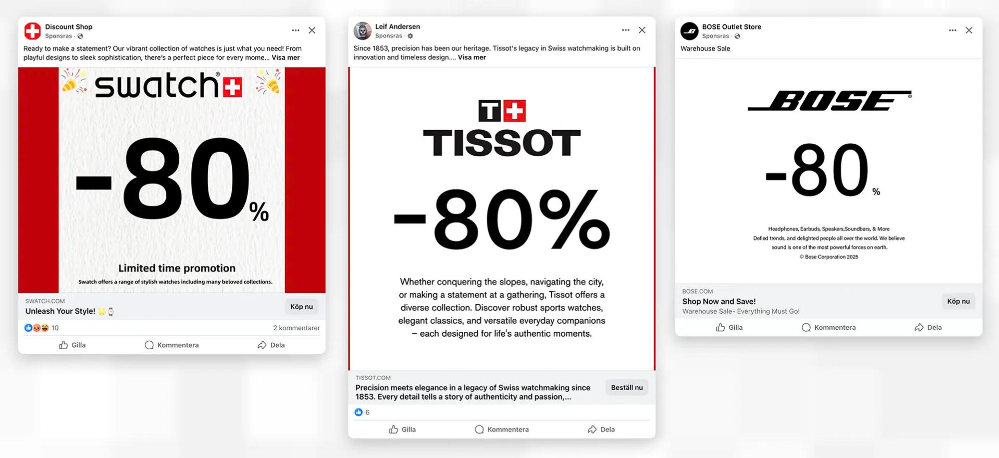 Kollage med skärmavbilder av tre Facebook-annonser. Alla tre annonser visar texten ”-80 %”. Första annonsen har Swatchs logotyp och ser ut att leda till swatch.com. Andra annonsen har Tissots logotyp och ser ut att leda till tissot.com. Tredje annonsen har Boses logotyp och ser ut att leda till bose.com.