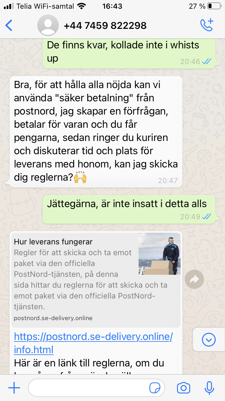 Blocket bedrägeri via whatsapp samtal