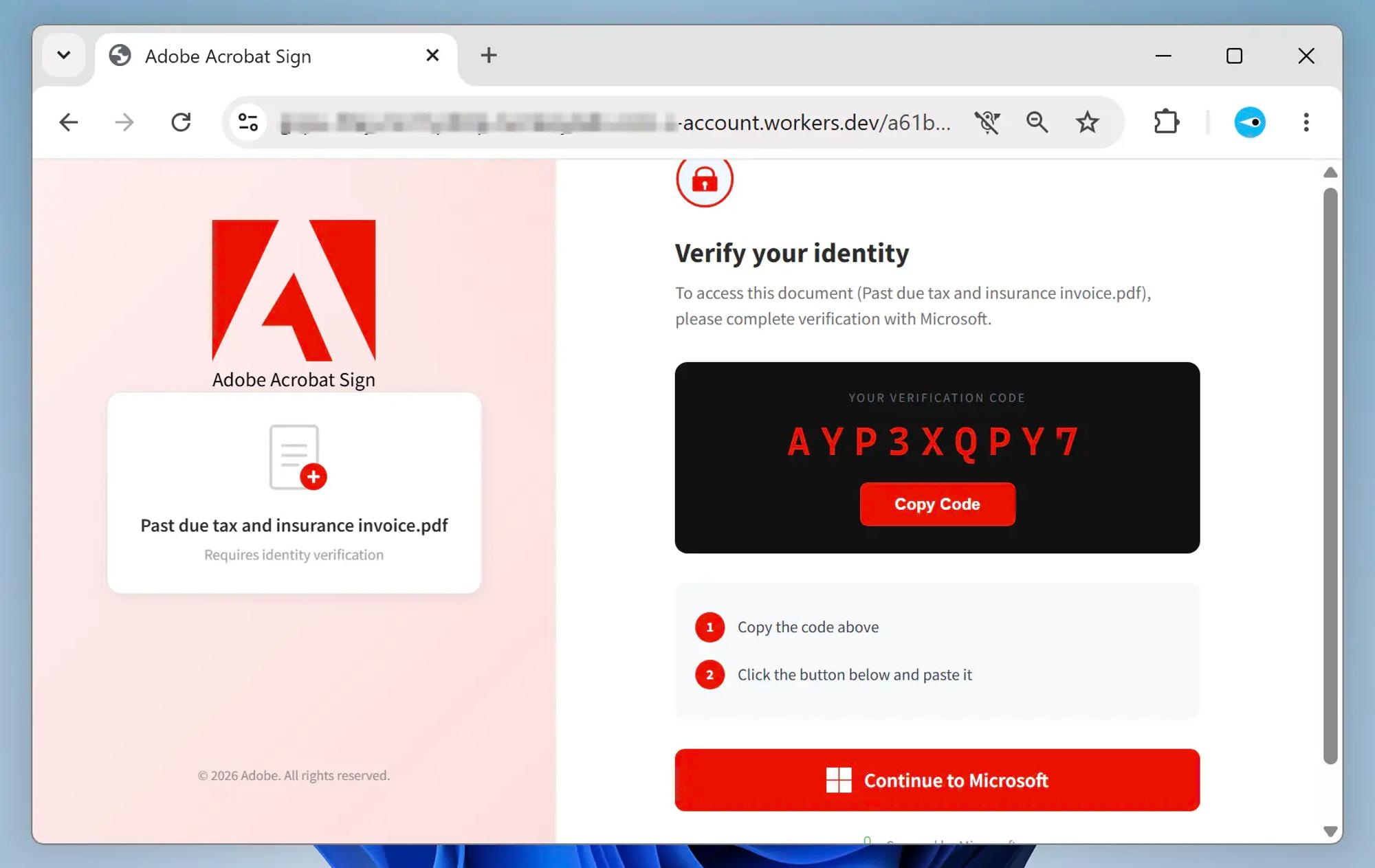 Skärmavbild av falsk Adobe Acrobat Sign-webbplats på en domän som inte är Adobes riktiga. Besökaren uppmanas att ”verifiera sin identitet” genom att kopiera en kod och klicka på en knapp för att fortsätta till Microsoft. Texten är på engelska.