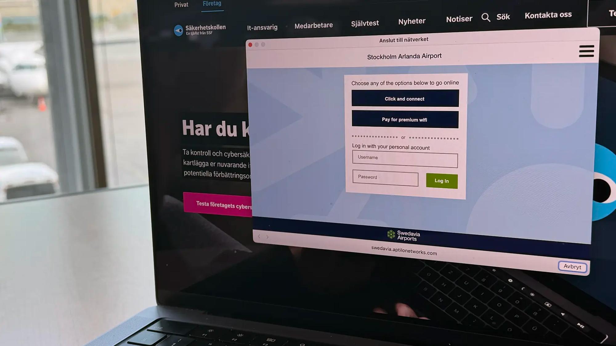 Dator som visar av inloggningsportalen för Arlandas wifi-nätverk. 