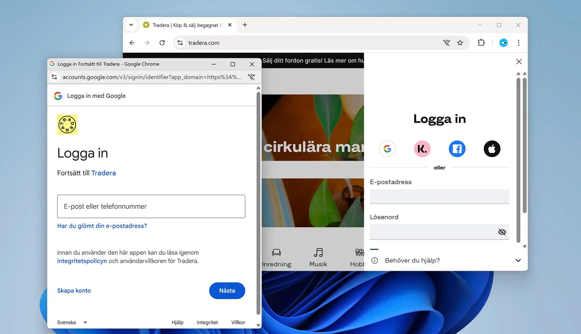 Skärmavbild av två webbläsarfönster. I bakgrunden syns ett webbläsarfönster som visar Traderas inloggningssida. Ovanpå ligger ett webbläsarfönster för att logga in på Tradera med ett Google-konto. Det övre webbläsarfönstret ligger utanför det undre webbläsarfönstret. 