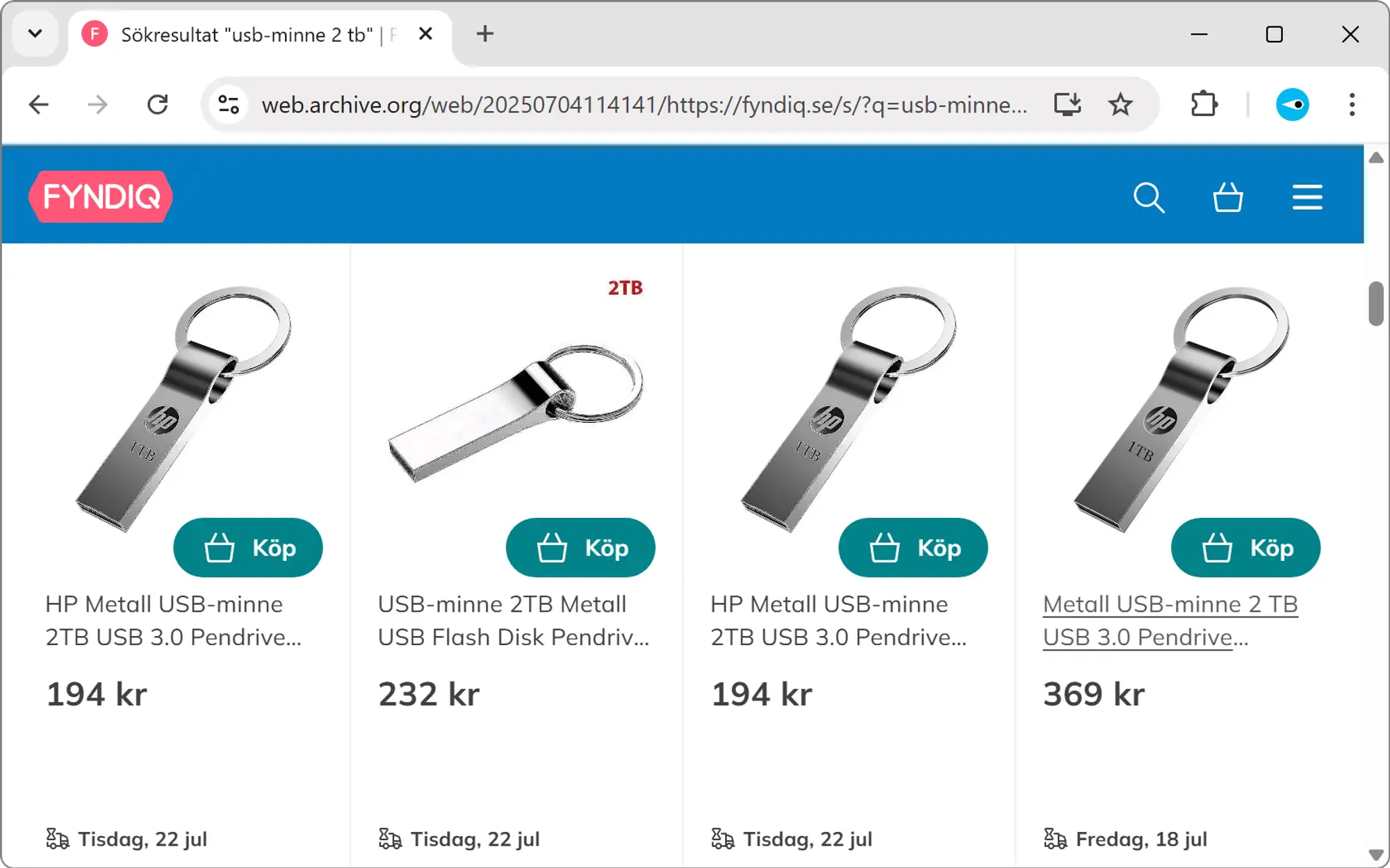 Skärmavbild av Fyndiqs webbplats som visar fyra usb-minnen. Alla har orimliga priser, till exempel två terabyte för 194 kronor. Tre av usb-minnena bär HP:s logotyp.