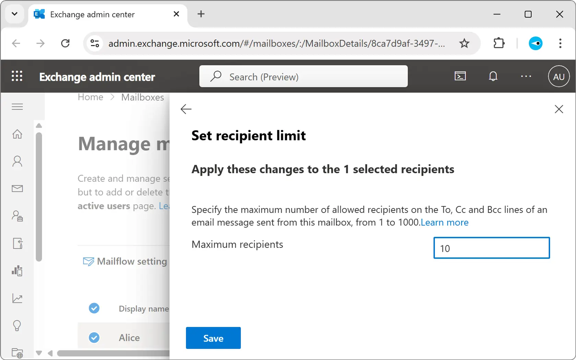 Skärmavbild av Exchange Admin Center som visar inställningen ”set recipient limit”.
