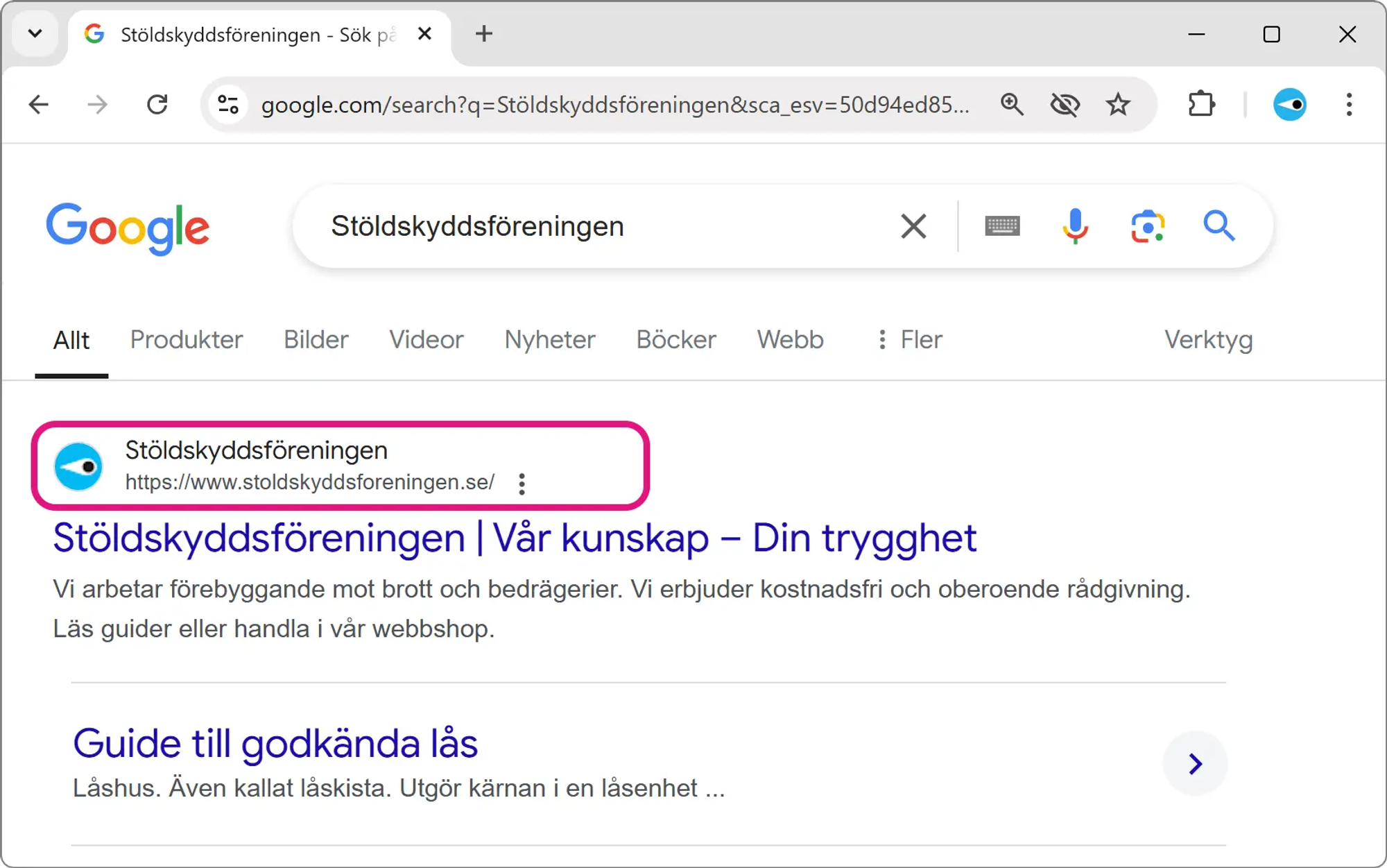 Skärmavbild av Googles sökresultat vid en sökning efter ”Stöldskyddsföreningen”. Stöldskyddsföreningens webbplats på huvuddomänen stoldskyddsforeningen.se visas överst.