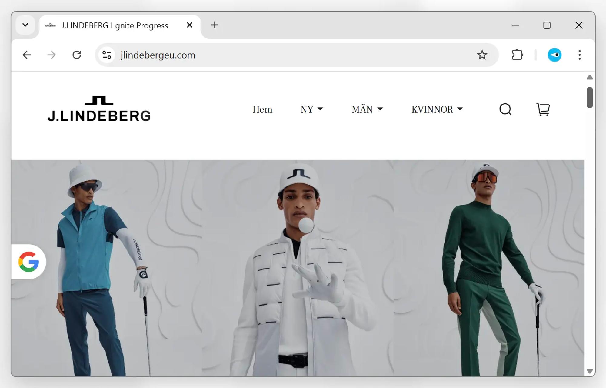 Skärmavbild av falsk J Lindeberg-webbplats. Logotypen är korrekt men domänen i webbadressfältet är fel (jlindebergeu.com).