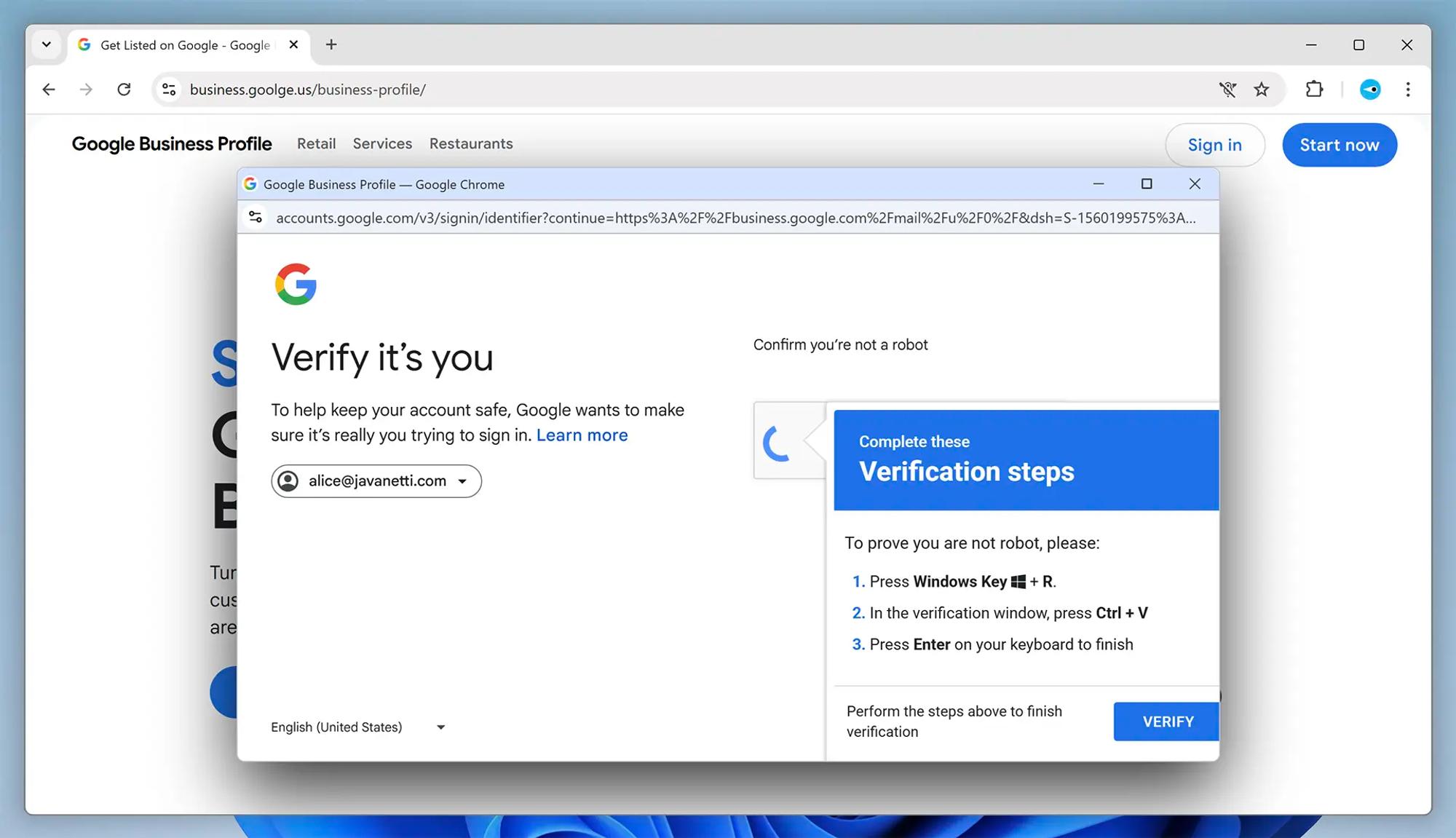 Skärmavbild av skadlig webbsida i Chrome på Windows 11. Webbsidan visar uppmaningen ”complete these verification steps” och instruerar användaren att köra snabbkommandona ”Windows-tangenten + R” och ”Ctrl + V”.
