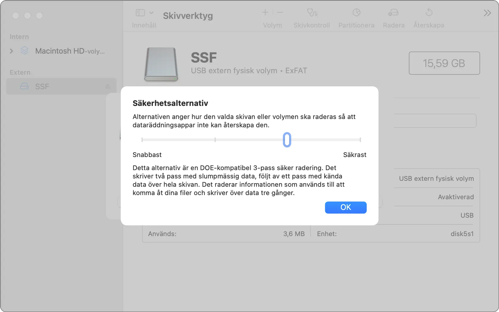 Skärmavbild av dataraderingsverktyget i Mac OS-appen Skivverktyg. Ett reglage som kan ställas mellan ”snabbast” och ”säkrast” visas. 