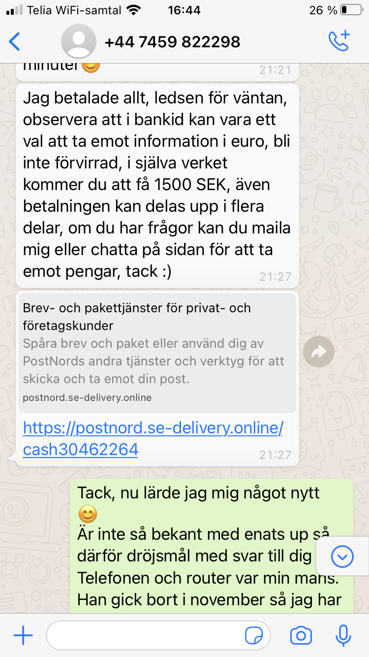 Blocket bedrägeri via whatsapp samtal