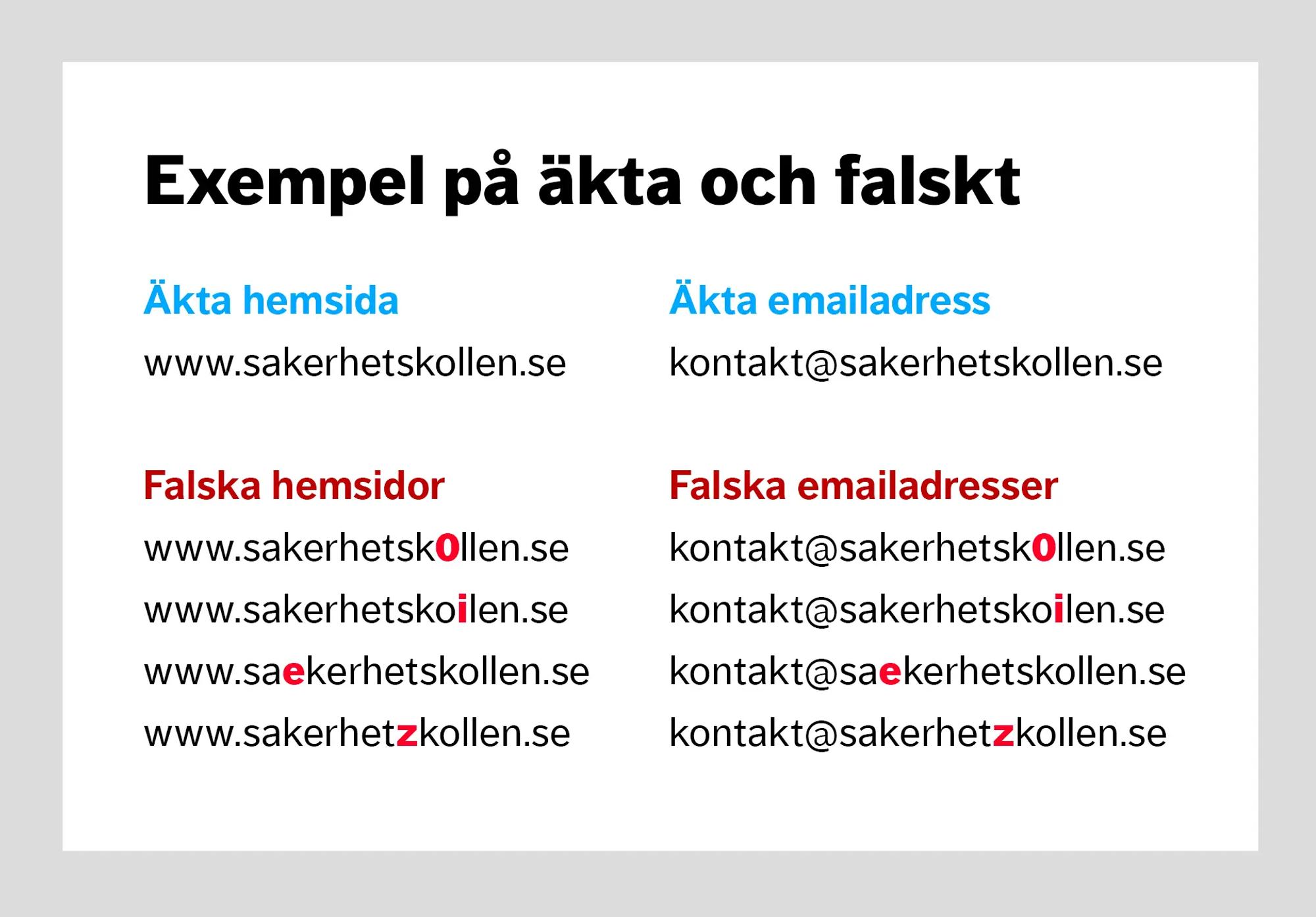 Exempel på äkta respektive falska hemsidor och emailadresser. 