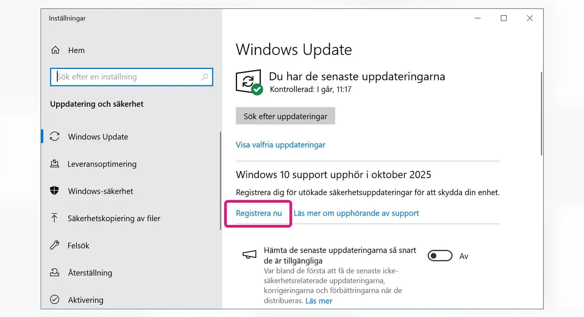 Skärmavbild av Inställningar-appen i Windows 10 som visar Windows update. Länken ”Registrera nu” är markerad.