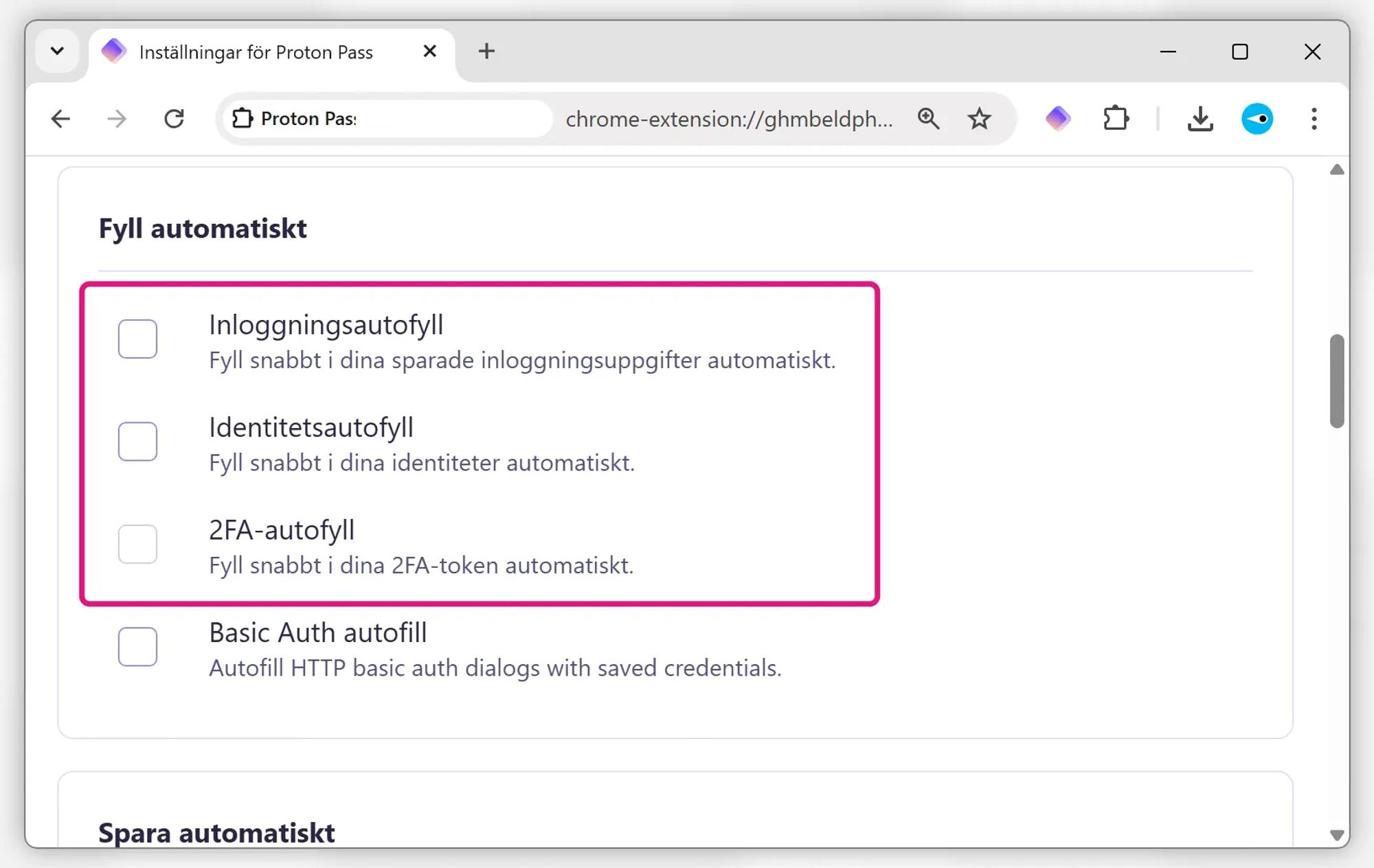 Skärmavbild av Proton Pass webbläsartillägg i Google Chrome. Inställningarna för autofyll är urkryssade.