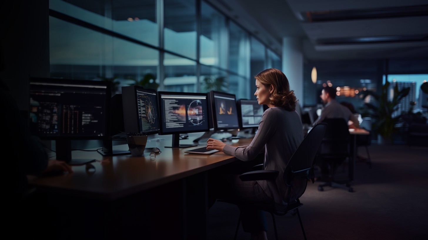 Bild på en kvinna som sitter framför datorn och använder en chatt-robot.