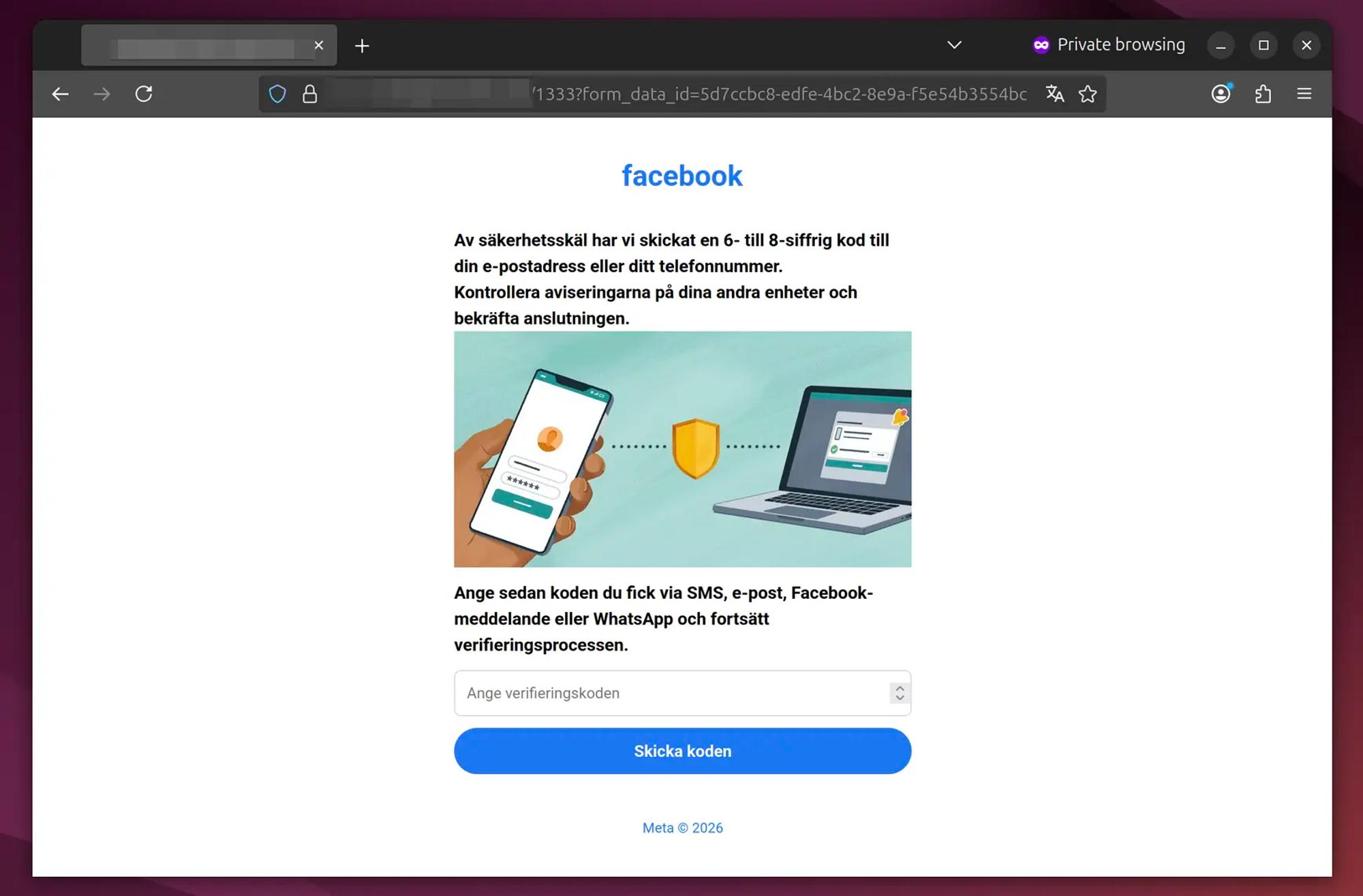 Skärmavbild av falsk Facebook-inloggningssida med uppmaningen ”ange sedan koden du fick via sms, e-post, Facebook-meddelande eller Whatsapp och fortsätt verifieringsprocessen”.