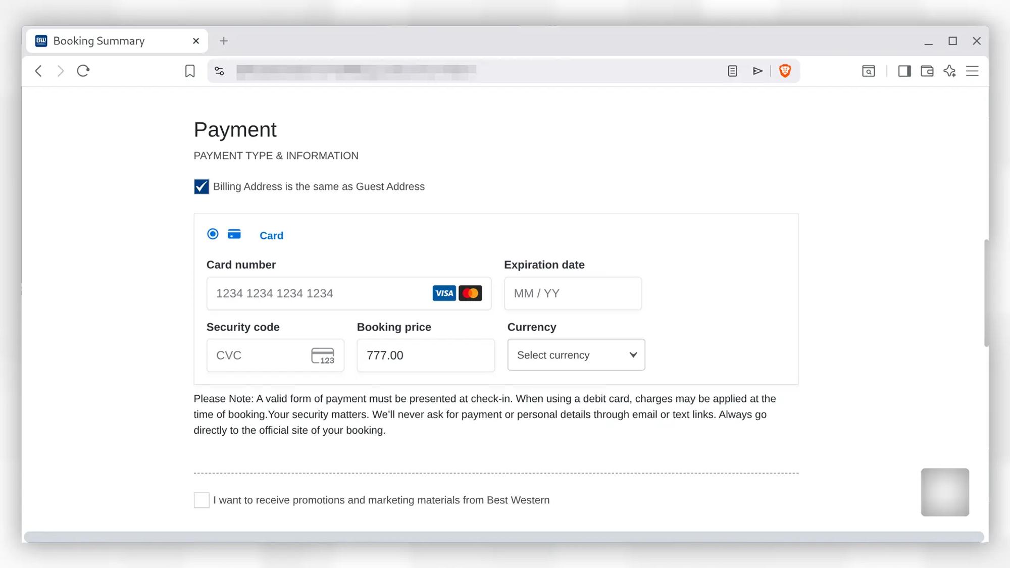 Skärmavbild av falsk Best Western-webbplats som visar ett formulär för betalkortsuppgifter. Den rätta kostnaden är redan ifylld. 