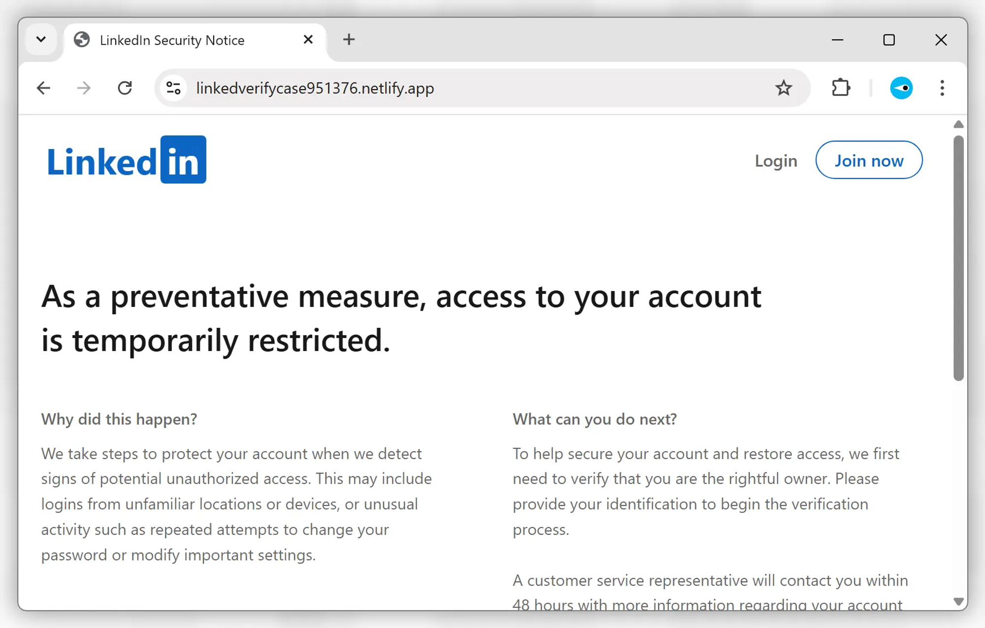 Skärmavbild av en falsk Linkedin-webbplats. Huvuddomänen slutar på netlify.app, inte linkedin.com. Webbsidans rubrik lyder ”as a preventative measure, access to your account is temporarily restricted”.