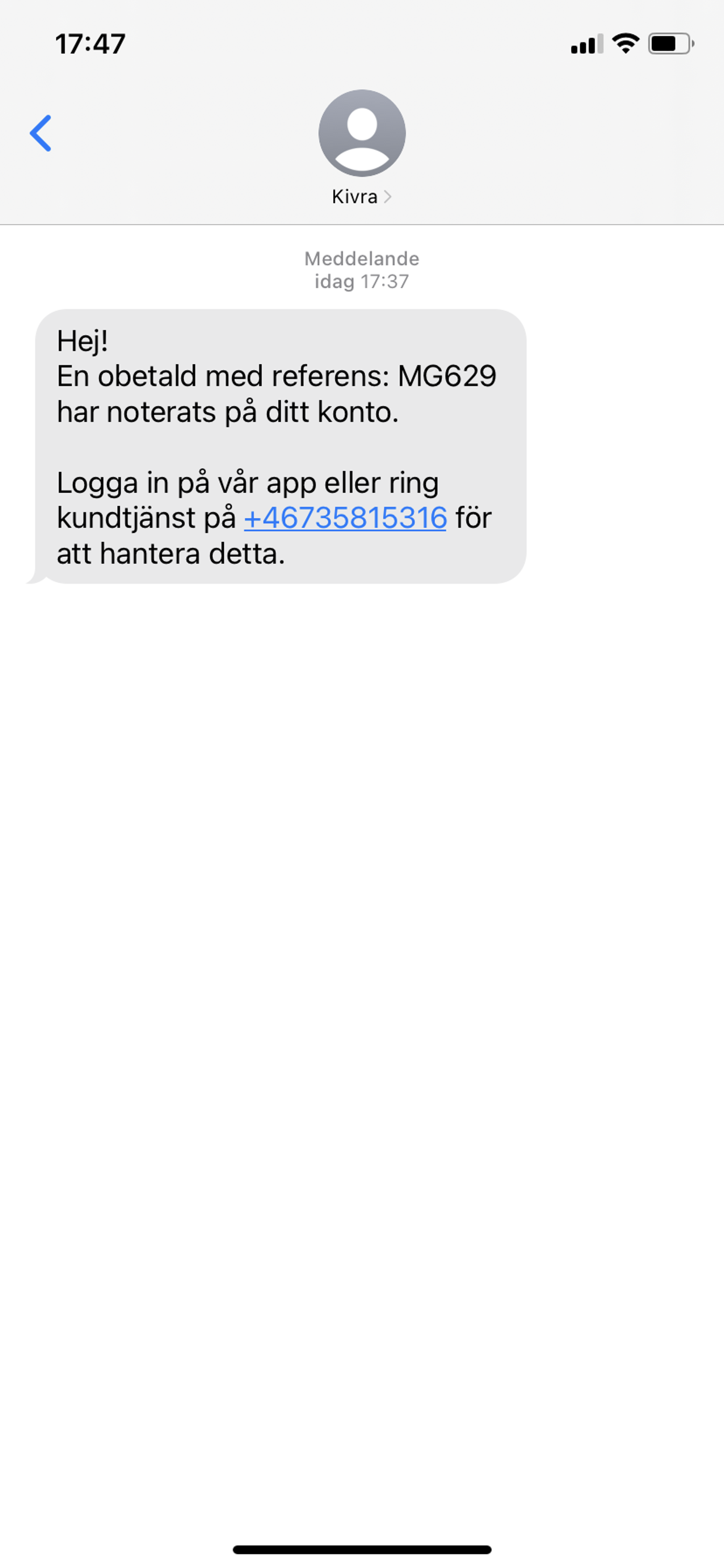 Just nu förekommer det falska SMS-utskick i Kivras namn. Bedragarna påstår att du har en obetald faktura.