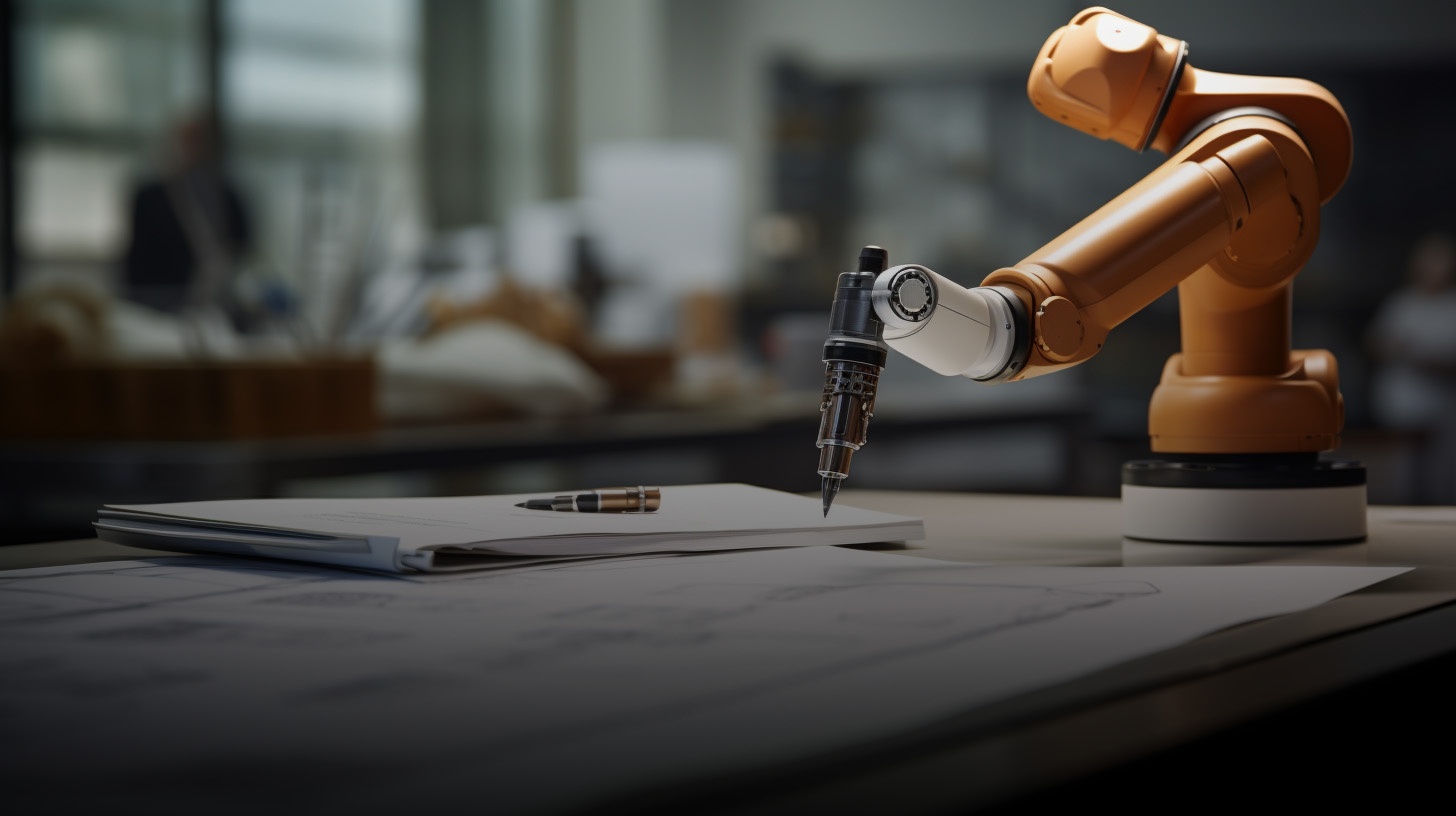 En industri robot som håller i en penna och skriver på papper.