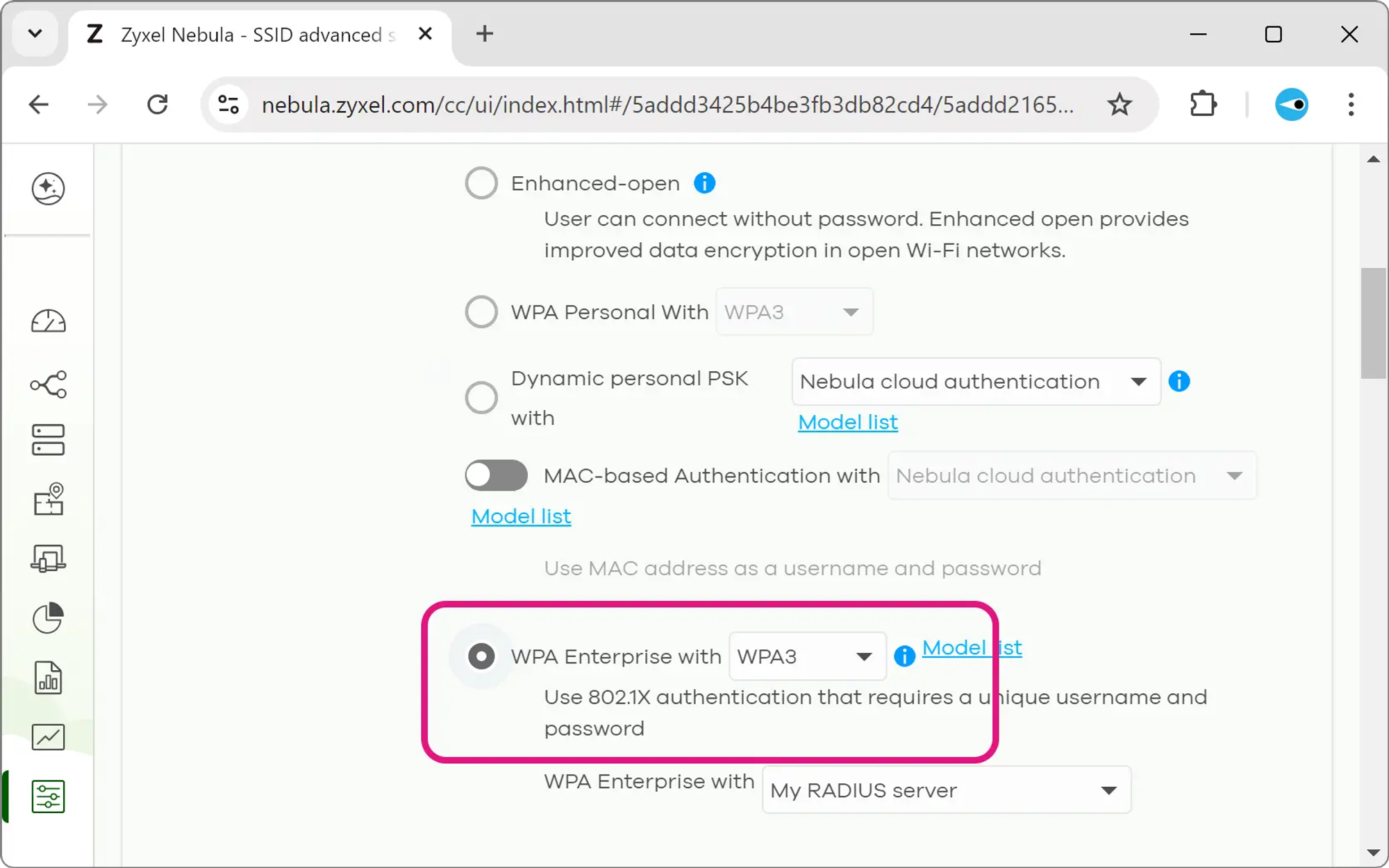 Skärmavbild av administrationsgränssnittet för ett företagsnätverk. Alternativet ”WPA Enterprise with WPA3” är markerat. 