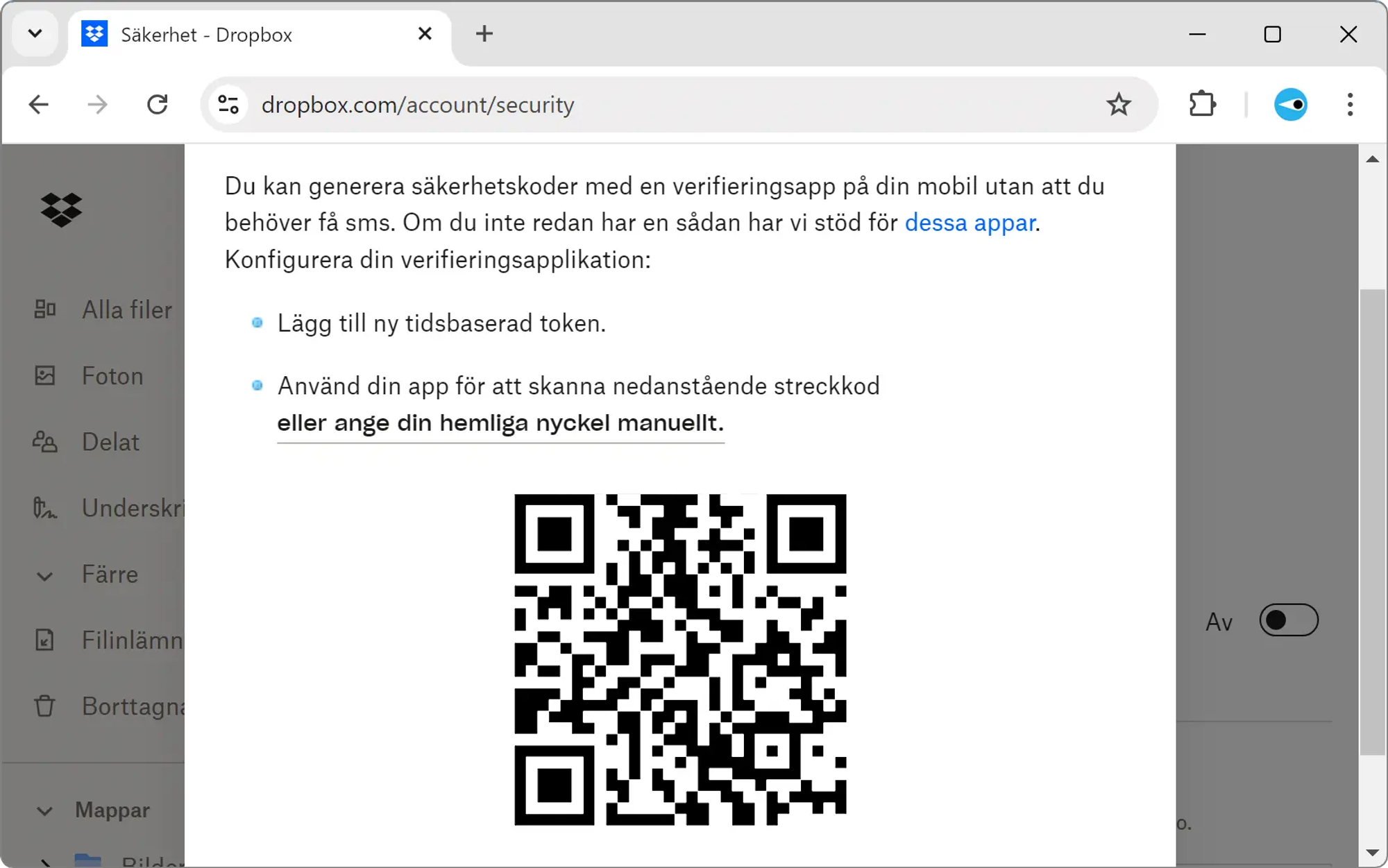 Skärmbild som visar QR-koden som du skannar när du aktiverar tvåfaktorsautentisering med Authenticator-metoden innehåller en hemlighet.