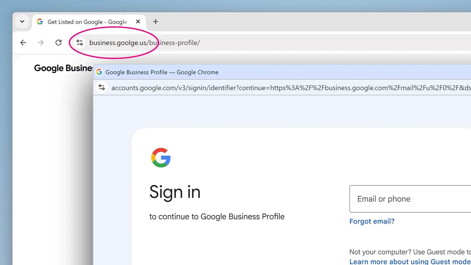 Skärmavbild som visar både det riktiga webbläsarfönstrets adressfält och det falska webbläsarfönstrets adressfält. I det riktiga webbläsarfönstrets adressfält står en felstavad version av Googles domän. I det falska webbläsarfönstrets adressfält står den riktiga versionen av Googles domän.