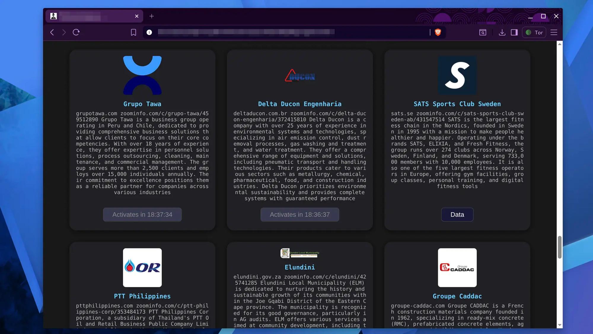 Skärmavbild av utpressargrupps webbplats. Sats listas som ett av många drabbade offer.