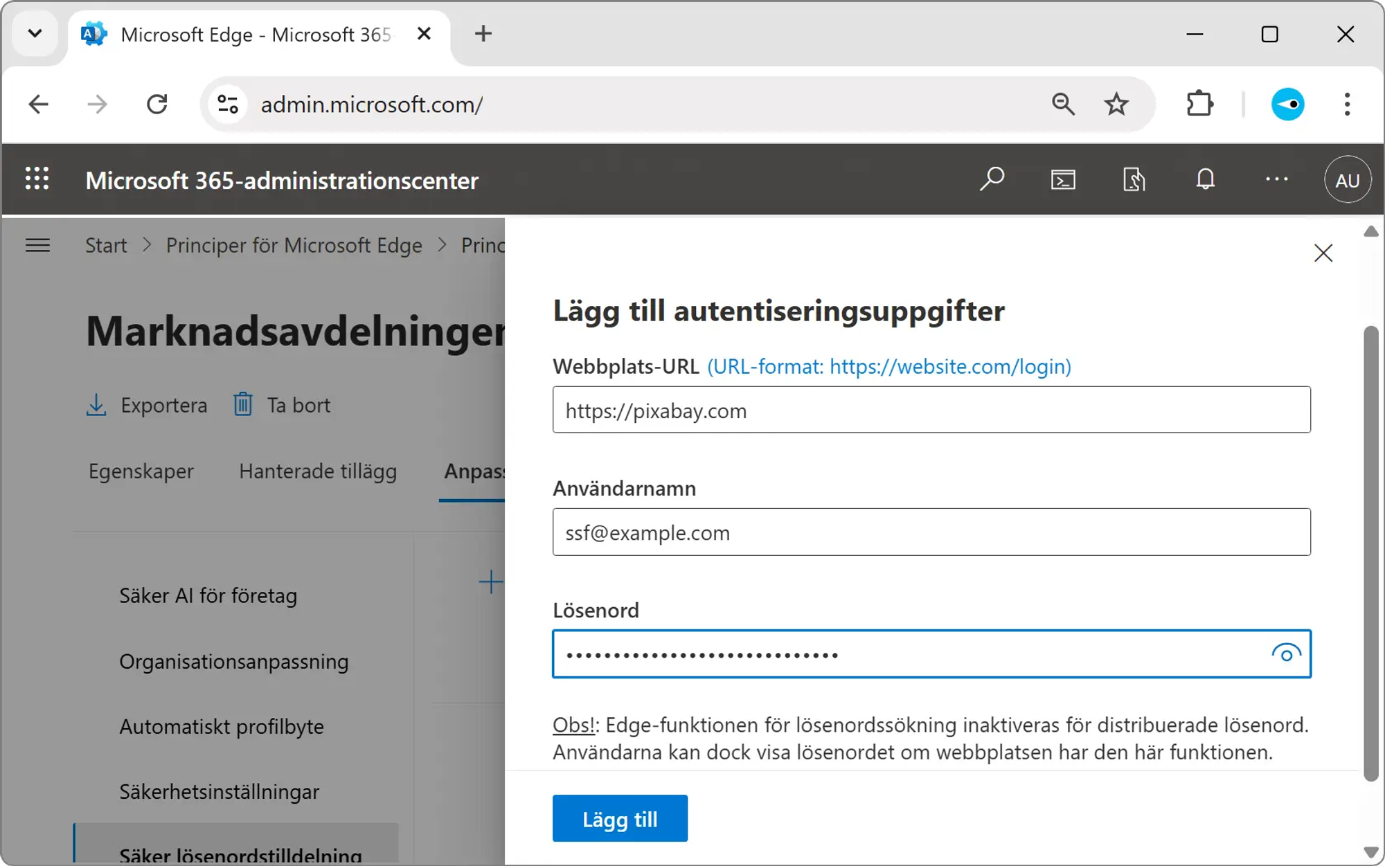 Skärmavbild av Microsoft 365-administrationsgränssnittet. Dialogrutan ”Lägg till autentiseringsuppgifter” visas med fält för webbplats-URL, användarnamn och lösenord.